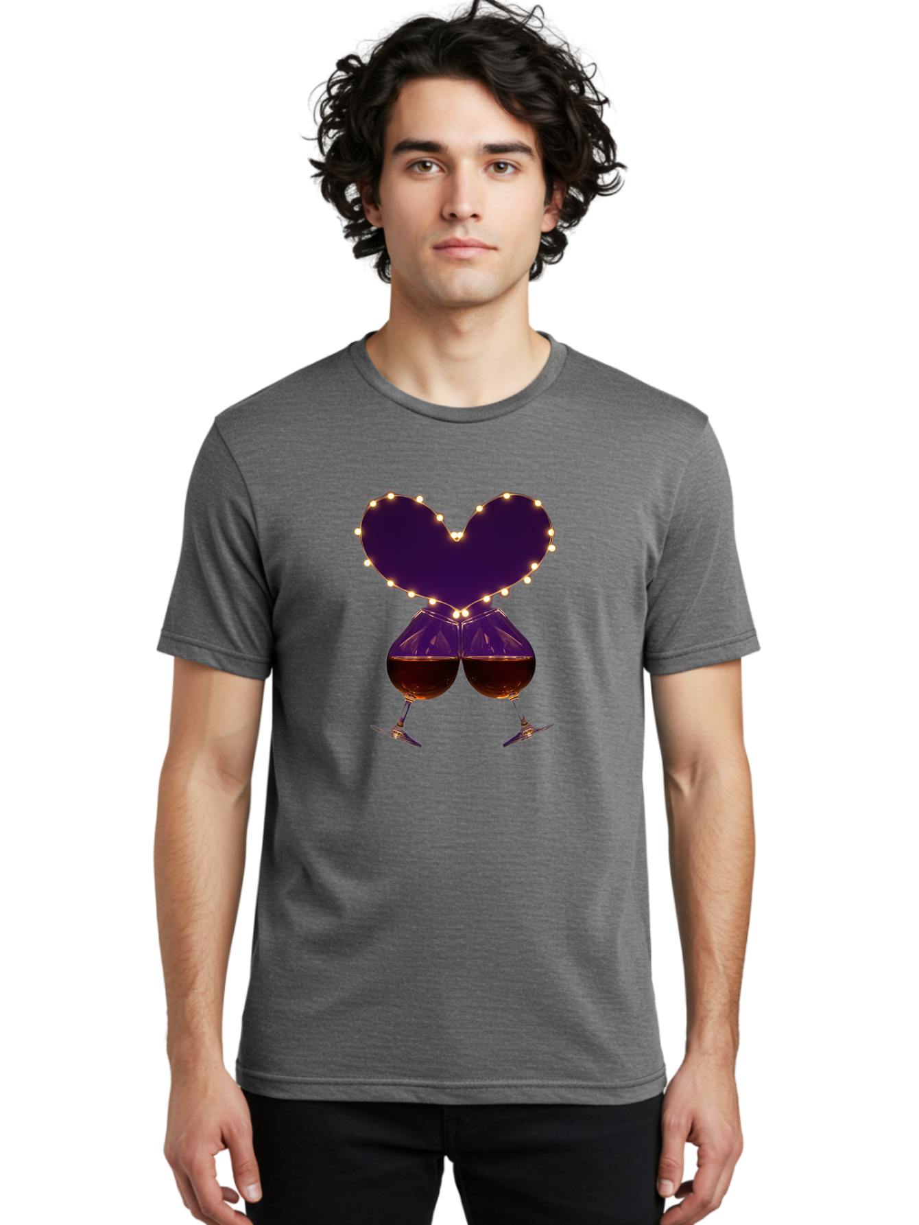 Clinking-Wine-Glasses-Heart Men'S Graphic Tee, 100% Cotton, Comfortable Casual Summer Wear, Machine Washable, Wine Glasses Cheers, Romantic Evening, Couple'S Night, Love Is In The Air, Sharing A Drink, Togetherness, Valentine'S Day Gift, Bac863