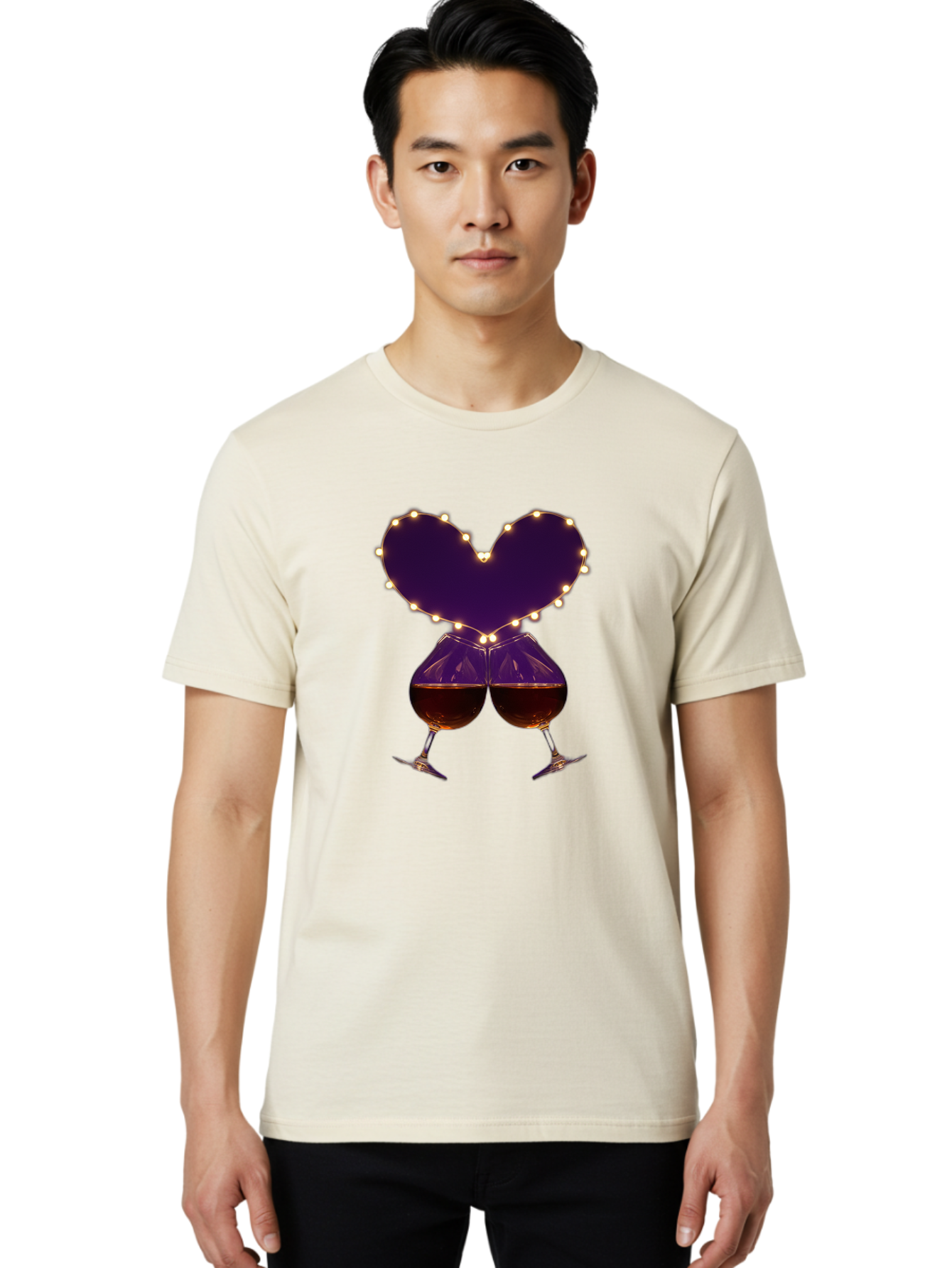 Clinking-Wine-Glasses-Heart Men'S Graphic Tee, 100% Cotton, Comfortable Casual Summer Wear, Machine Washable, Wine Glasses Cheers, Romantic Evening, Couple'S Night, Love Is In The Air, Sharing A Drink, Togetherness, Valentine'S Day Gift, Bac863