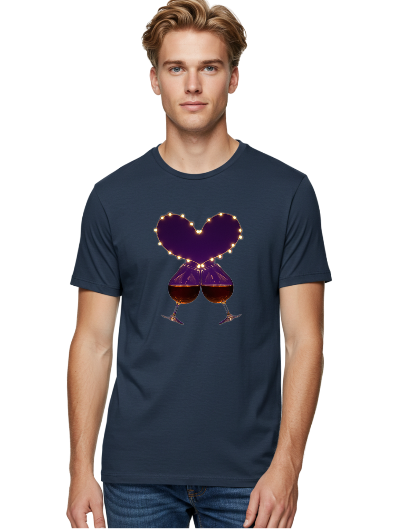 Clinking-Wine-Glasses-Heart Men'S Graphic Tee, 100% Cotton, Comfortable Casual Summer Wear, Machine Washable, Wine Glasses Cheers, Romantic Evening, Couple'S Night, Love Is In The Air, Sharing A Drink, Togetherness, Valentine'S Day Gift, Bac863