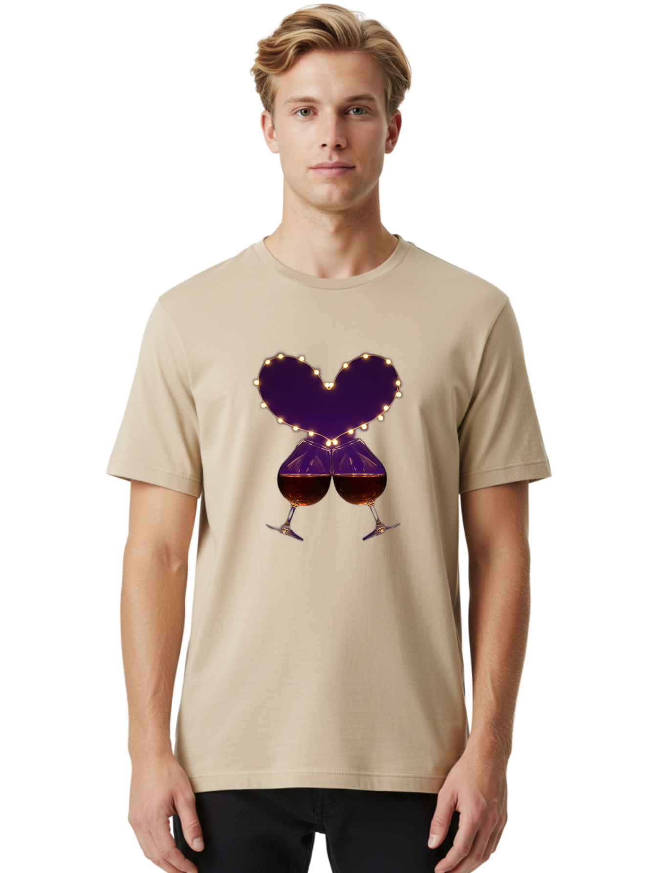 Clinking-Wine-Glasses-Heart Men'S Graphic Tee, 100% Cotton, Comfortable Casual Summer Wear, Machine Washable, Wine Glasses Cheers, Romantic Evening, Couple'S Night, Love Is In The Air, Sharing A Drink, Togetherness, Valentine'S Day Gift, Bac863