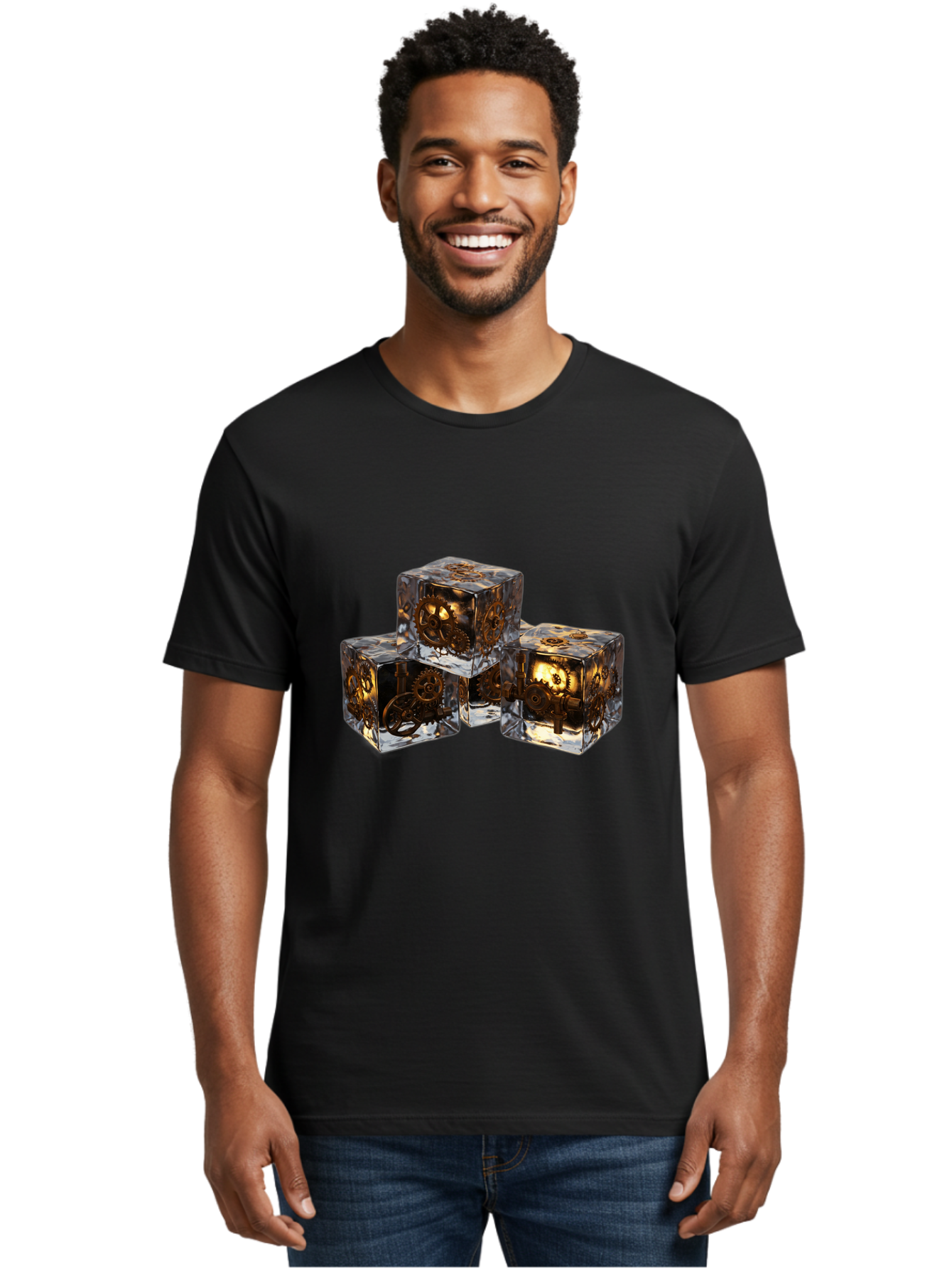Clockwork-Dice Men'S Graphic Tee, 100% Cotton, Comfortable Casual Summer Wear, Machine Washable, Transparent Dice, Mechanical Gears, Clockwork Mechanisms, Intricate Details, Golden Accents, Modern Gaming Accessories, Tabletop Gaming, Rpg Dice Bac865