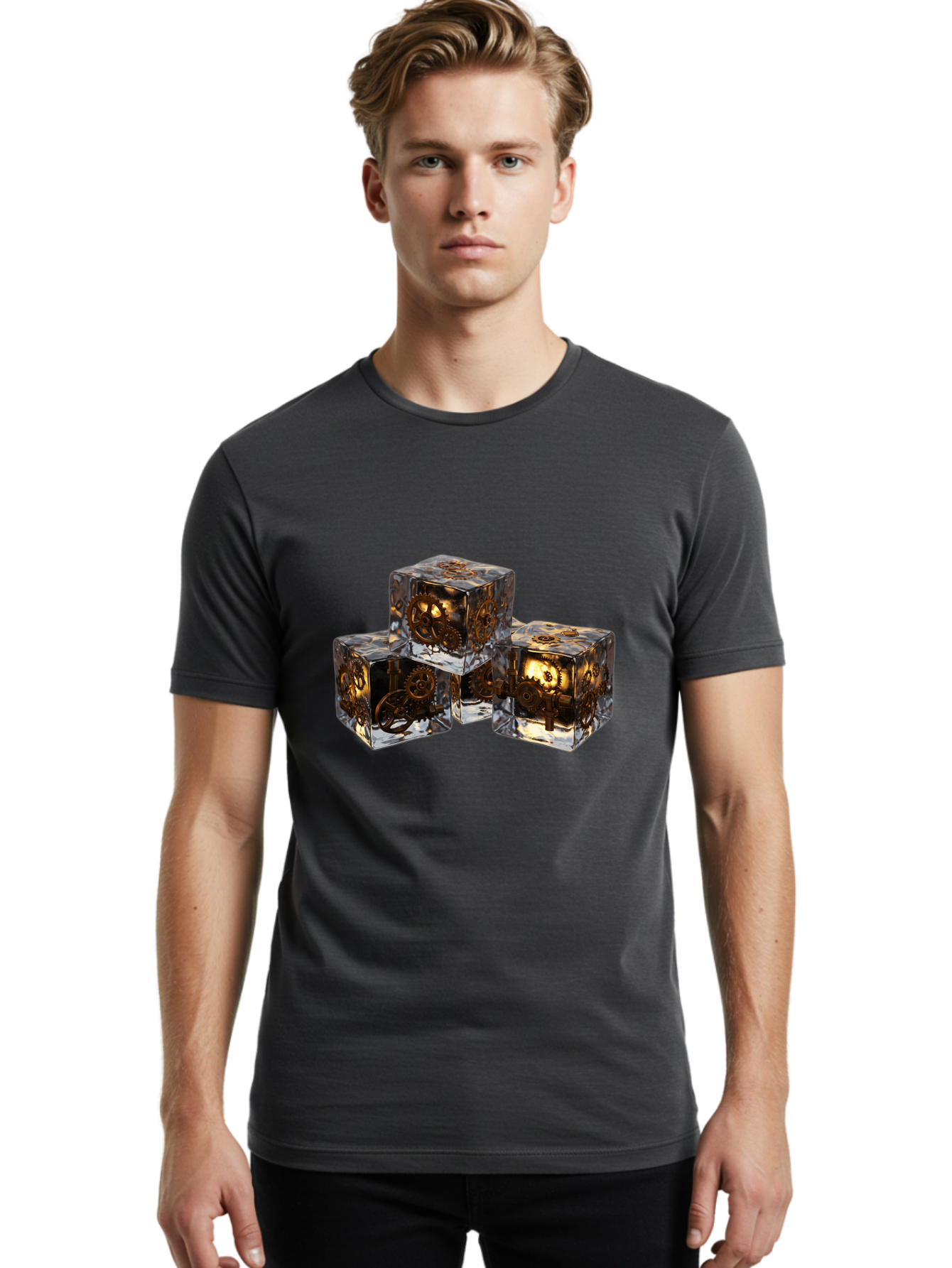 Clockwork-Dice Men'S Graphic Tee, 100% Cotton, Comfortable Casual Summer Wear, Machine Washable, Transparent Dice, Mechanical Gears, Clockwork Mechanisms, Intricate Details, Golden Accents, Modern Gaming Accessories, Tabletop Gaming, Rpg Dice Bac865