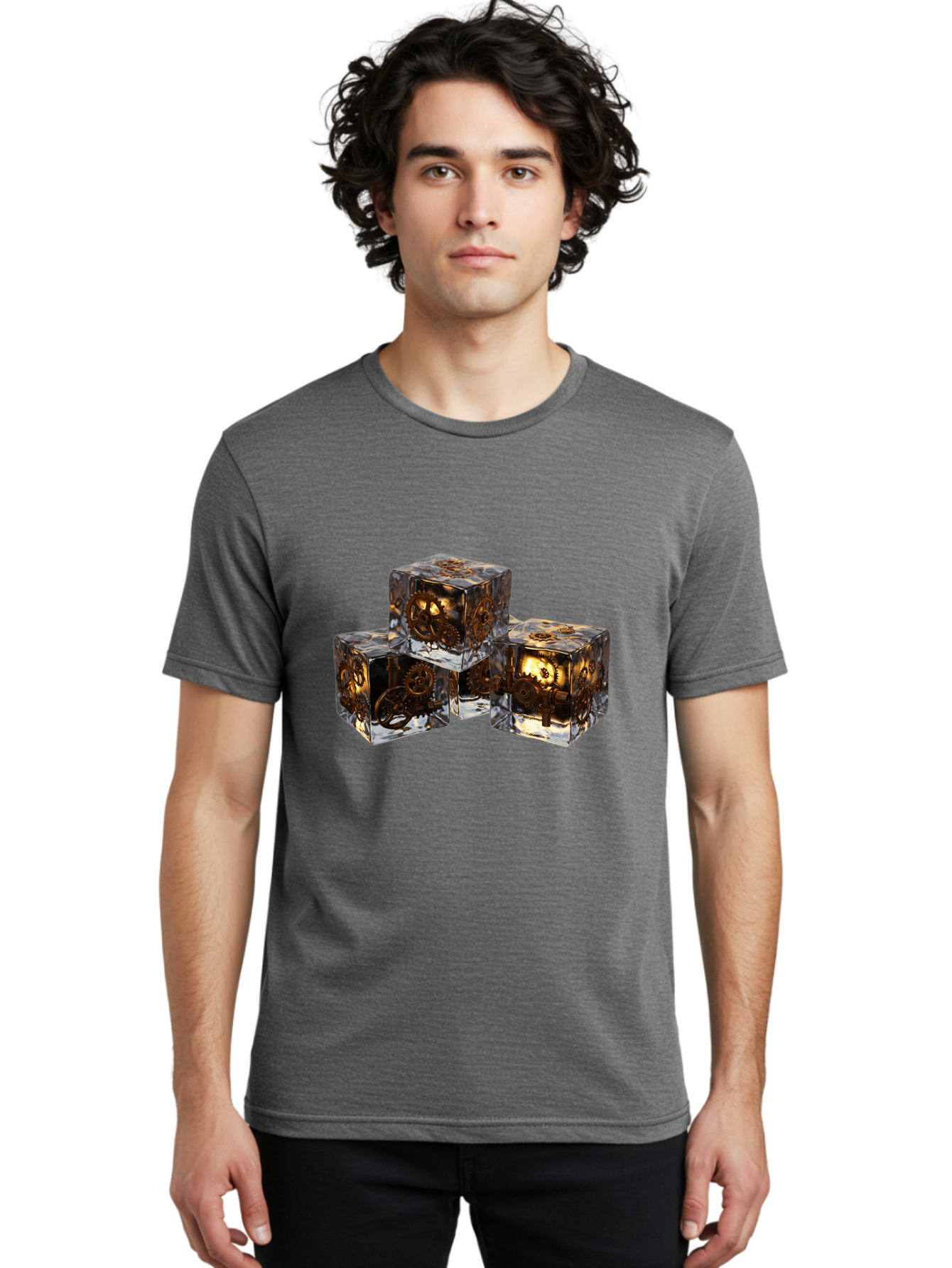 Clockwork-Dice Men'S Graphic Tee, 100% Cotton, Comfortable Casual Summer Wear, Machine Washable, Transparent Dice, Mechanical Gears, Clockwork Mechanisms, Intricate Details, Golden Accents, Modern Gaming Accessories, Tabletop Gaming, Rpg Dice Bac865