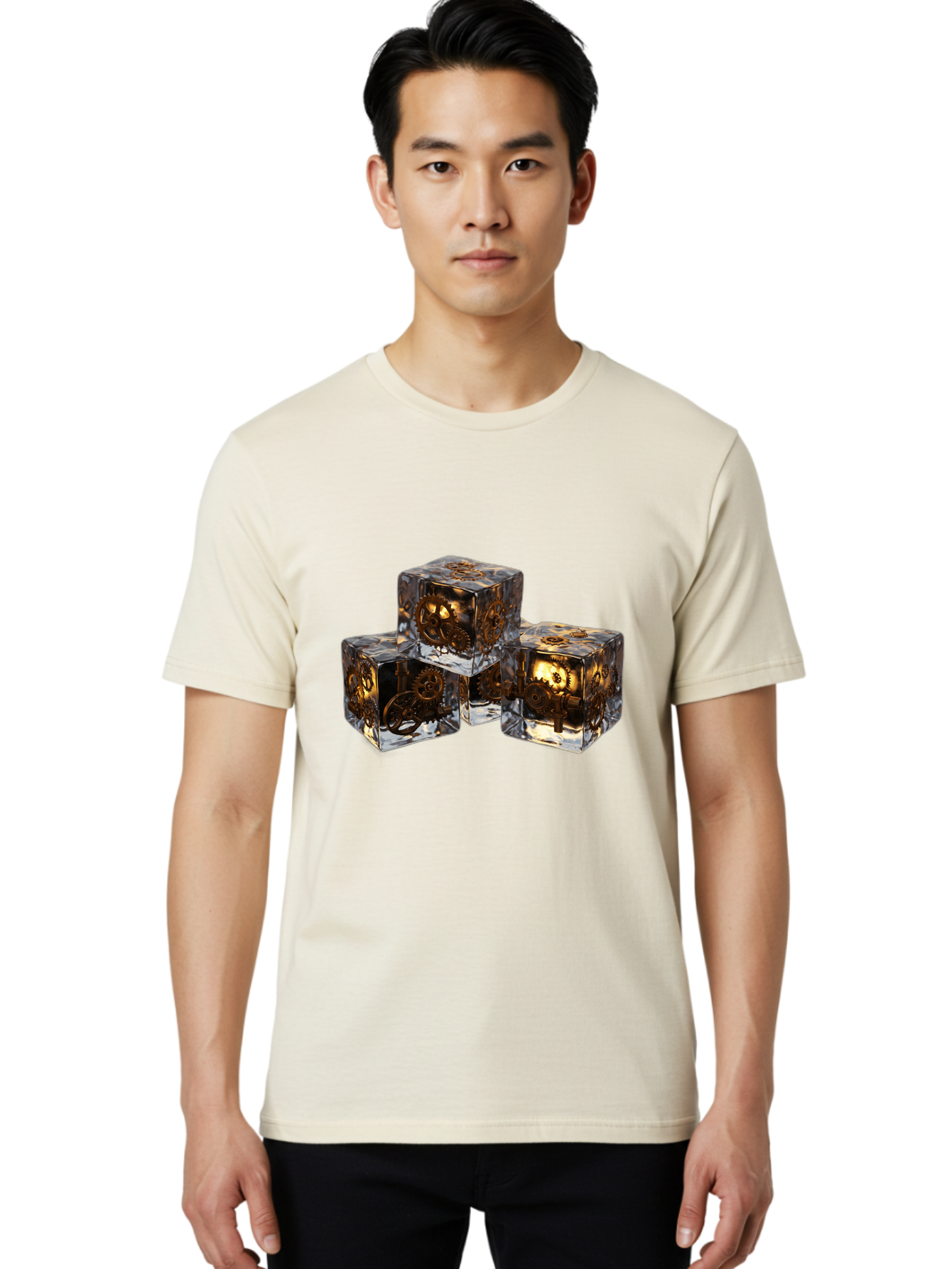 Clockwork-Dice Men'S Graphic Tee, 100% Cotton, Comfortable Casual Summer Wear, Machine Washable, Transparent Dice, Mechanical Gears, Clockwork Mechanisms, Intricate Details, Golden Accents, Modern Gaming Accessories, Tabletop Gaming, Rpg Dice Bac865