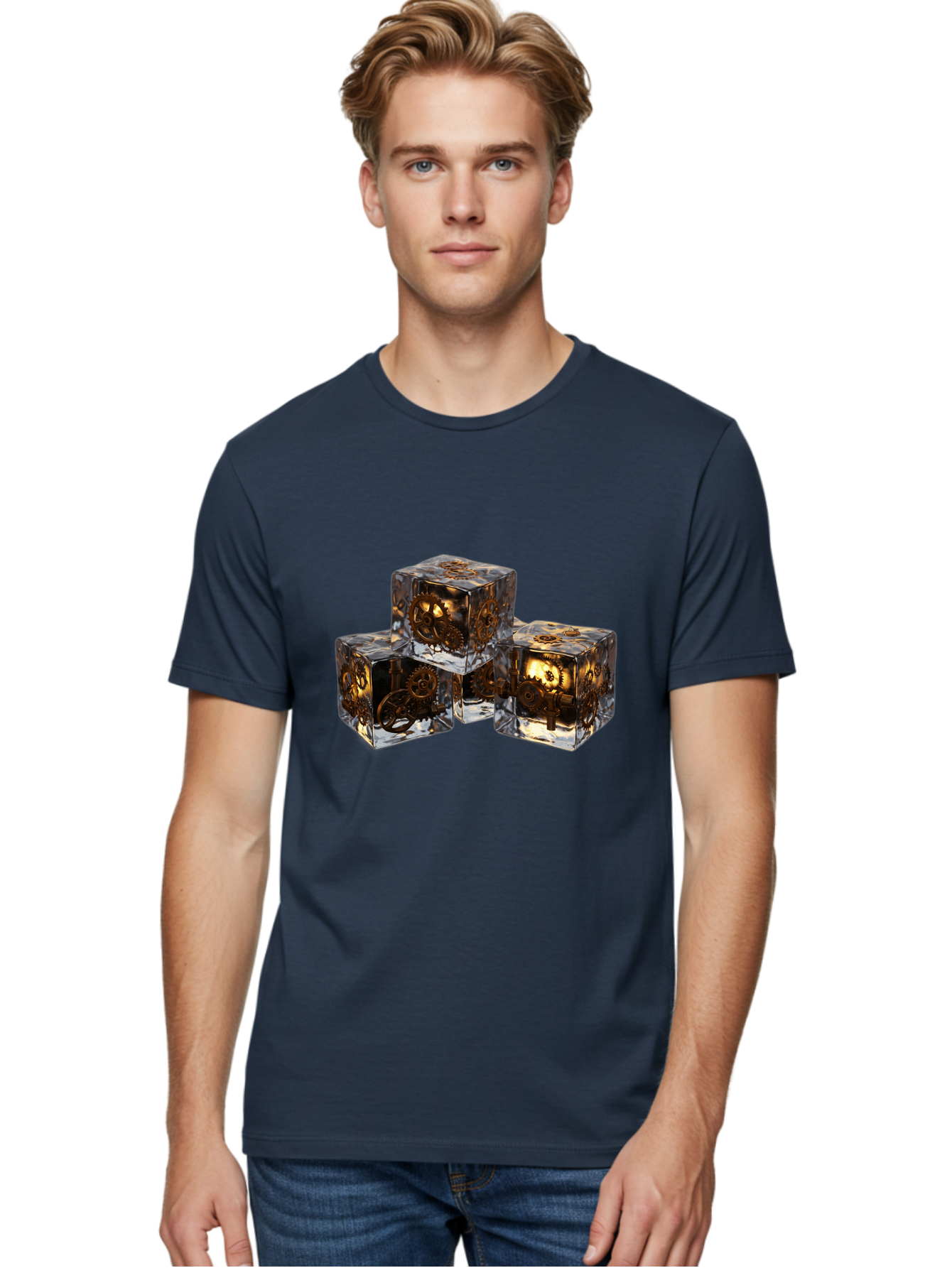 Clockwork-Dice Men'S Graphic Tee, 100% Cotton, Comfortable Casual Summer Wear, Machine Washable, Transparent Dice, Mechanical Gears, Clockwork Mechanisms, Intricate Details, Golden Accents, Modern Gaming Accessories, Tabletop Gaming, Rpg Dice Bac865