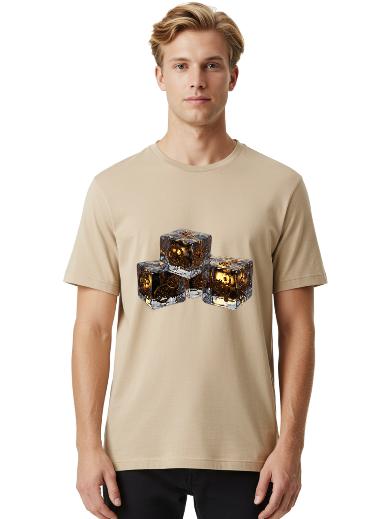Clockwork-Dice Men'S Graphic Tee, 100% Cotton, Comfortable Casual Summer Wear, Machine Washable, Transparent Dice, Mechanical Gears, Clockwork Mechanisms, Intricate Details, Golden Accents, Modern Gaming Accessories, Tabletop Gaming, Rpg Dice Bac865