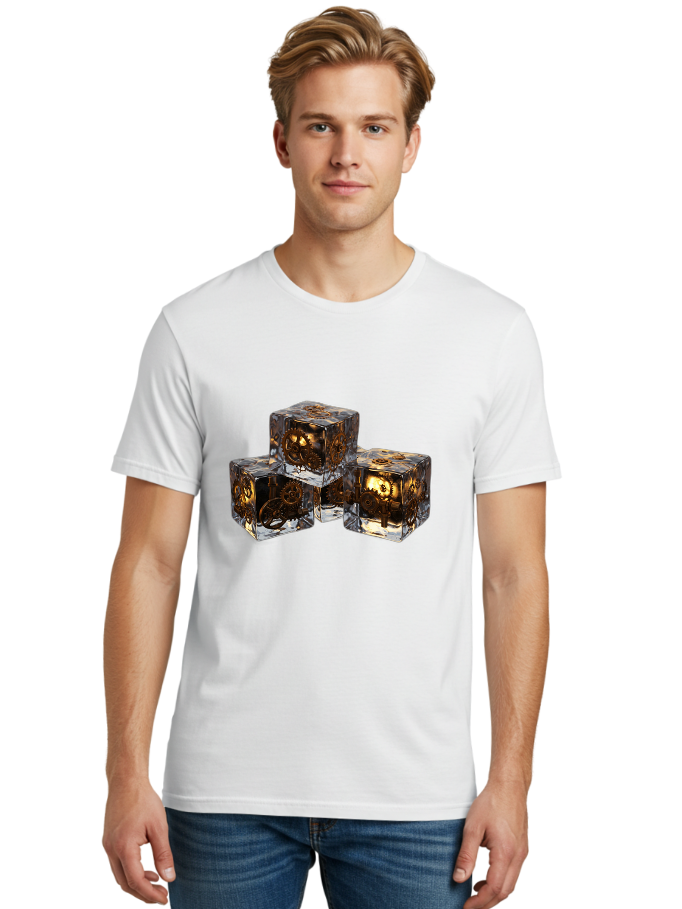Clockwork-Dice Men'S Graphic Tee, 100% Cotton, Comfortable Casual Summer Wear, Machine Washable, Transparent Dice, Mechanical Gears, Clockwork Mechanisms, Intricate Details, Golden Accents, Modern Gaming Accessories, Tabletop Gaming, Rpg Dice Bac865