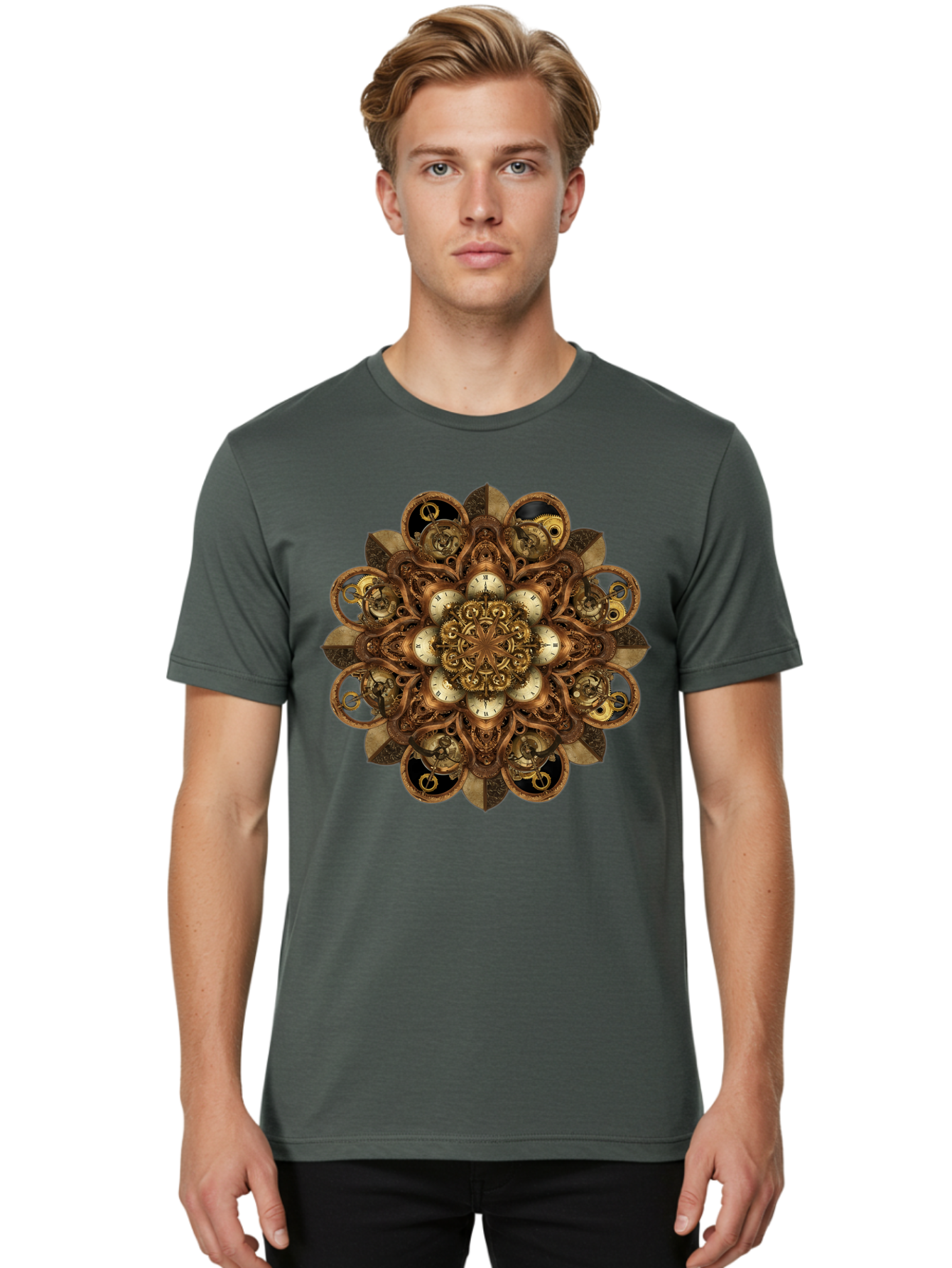 Clockwork-Mandala Men'S Graphic Tee, 100% Cotton, Comfortable Casual Summer Wear, Machine Washable, Steampunk Clock Mandala, Intricate Clockwork Design, Antique Clockwork Mechanism, Ornate Patterns, Vintage Gears, Complex Artwork, Surreal Art, Bac866