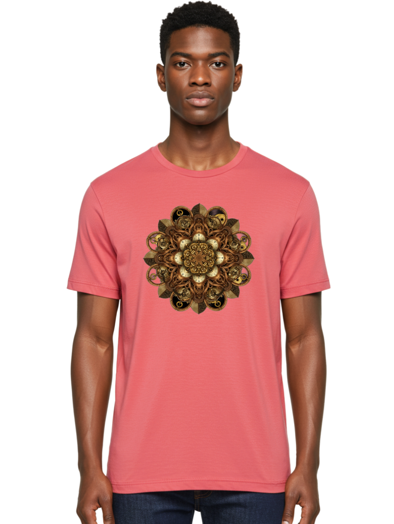 Clockwork-Mandala Men'S Graphic Tee, 100% Cotton, Comfortable Casual Summer Wear, Machine Washable, Steampunk Clock Mandala, Intricate Clockwork Design, Antique Clockwork Mechanism, Ornate Patterns, Vintage Gears, Complex Artwork, Surreal Art, Bac866
