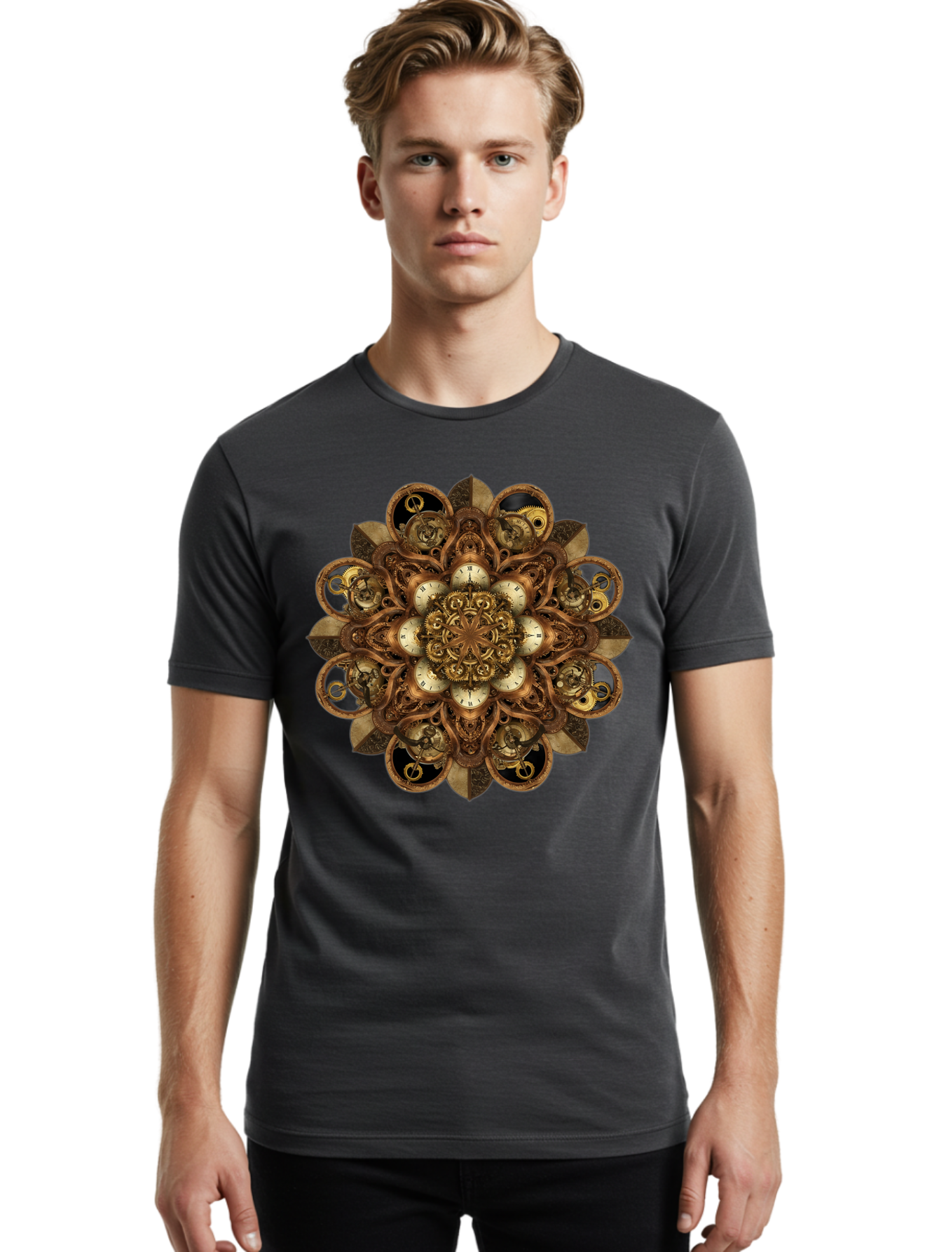 Clockwork-Mandala Men'S Graphic Tee, 100% Cotton, Comfortable Casual Summer Wear, Machine Washable, Steampunk Clock Mandala, Intricate Clockwork Design, Antique Clockwork Mechanism, Ornate Patterns, Vintage Gears, Complex Artwork, Surreal Art, Bac866