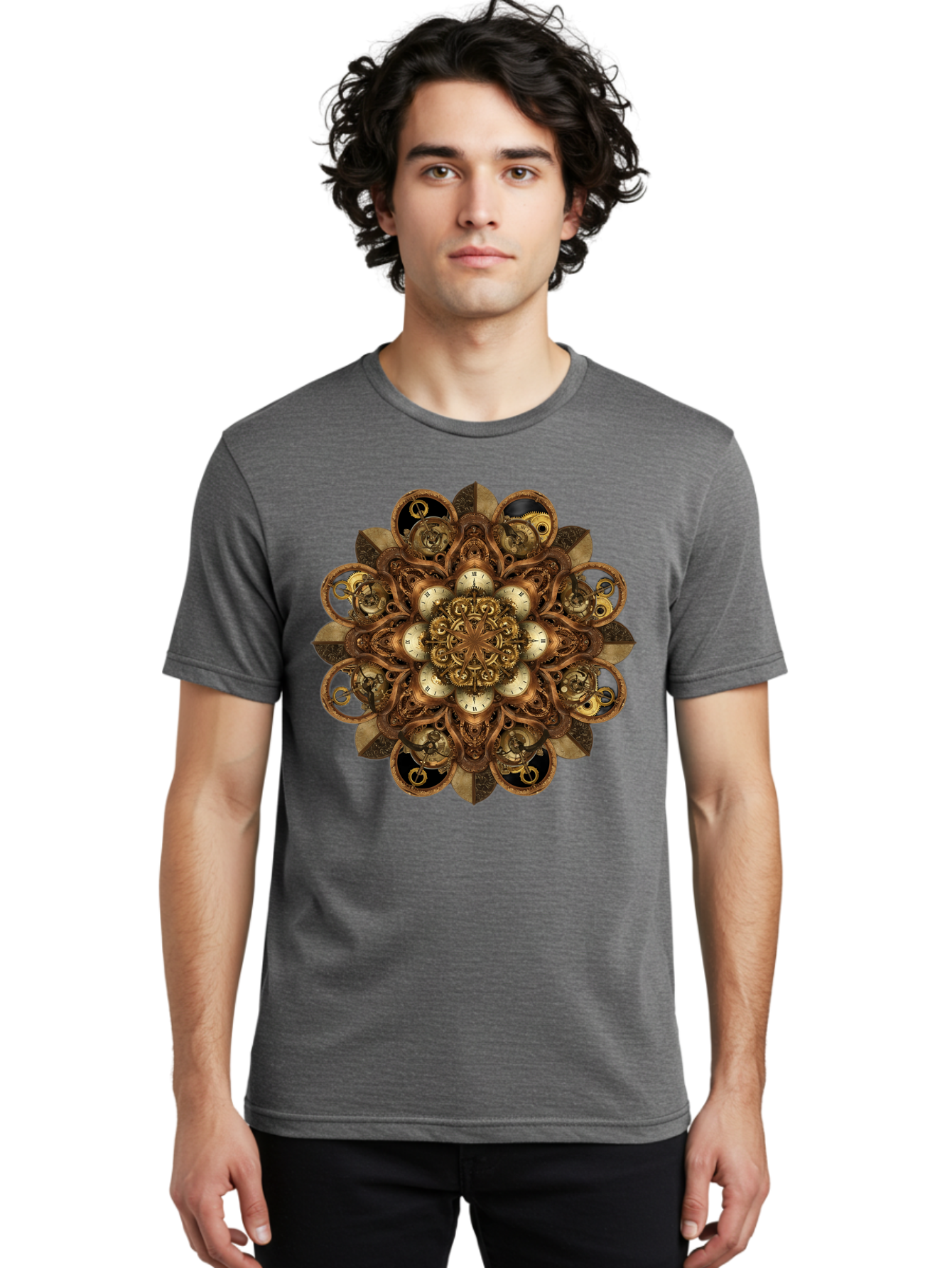 Clockwork-Mandala Men'S Graphic Tee, 100% Cotton, Comfortable Casual Summer Wear, Machine Washable, Steampunk Clock Mandala, Intricate Clockwork Design, Antique Clockwork Mechanism, Ornate Patterns, Vintage Gears, Complex Artwork, Surreal Art, Bac866