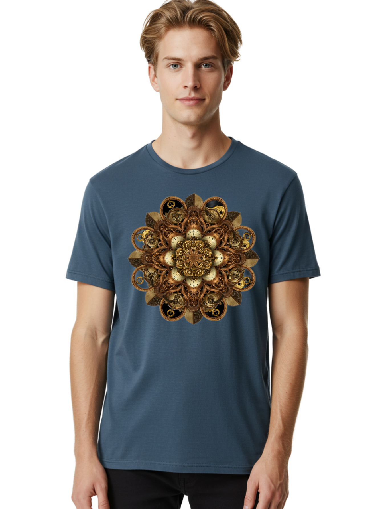 Clockwork-Mandala Men'S Graphic Tee, 100% Cotton, Comfortable Casual Summer Wear, Machine Washable, Steampunk Clock Mandala, Intricate Clockwork Design, Antique Clockwork Mechanism, Ornate Patterns, Vintage Gears, Complex Artwork, Surreal Art, Bac866