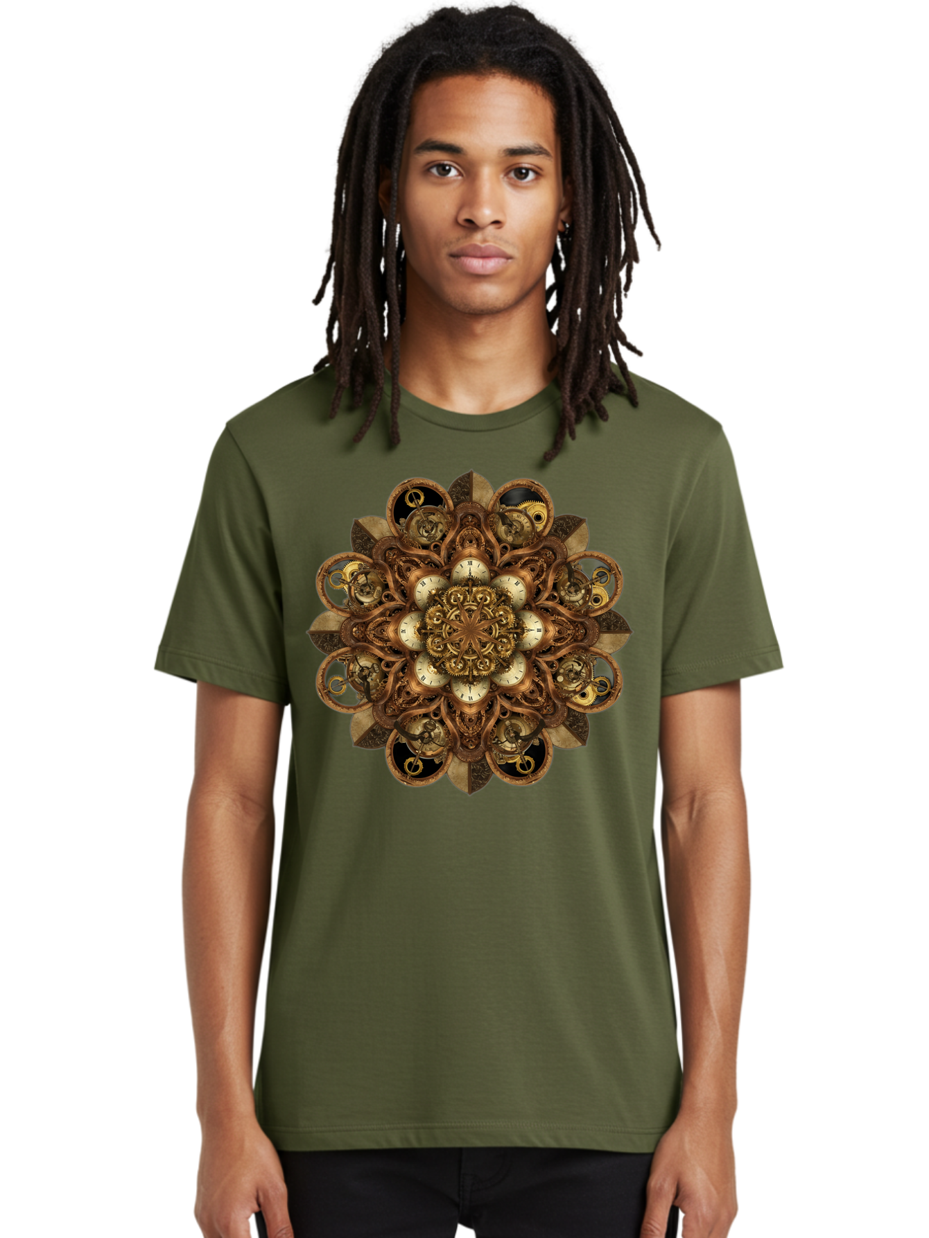 Clockwork-Mandala Men'S Graphic Tee, 100% Cotton, Comfortable Casual Summer Wear, Machine Washable, Steampunk Clock Mandala, Intricate Clockwork Design, Antique Clockwork Mechanism, Ornate Patterns, Vintage Gears, Complex Artwork, Surreal Art, Bac866