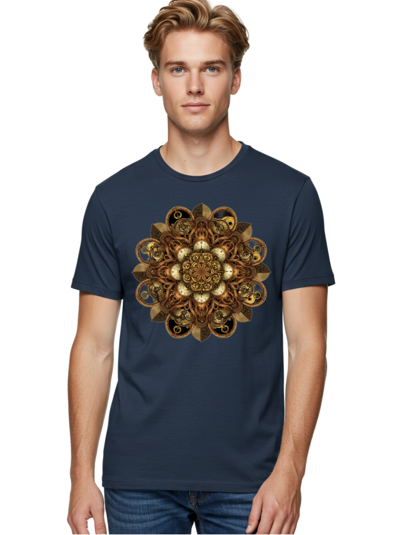 Clockwork-Mandala Men'S Graphic Tee, 100% Cotton, Comfortable Casual Summer Wear, Machine Washable, Steampunk Clock Mandala, Intricate Clockwork Design, Antique Clockwork Mechanism, Ornate Patterns, Vintage Gears, Complex Artwork, Surreal Art, Bac866