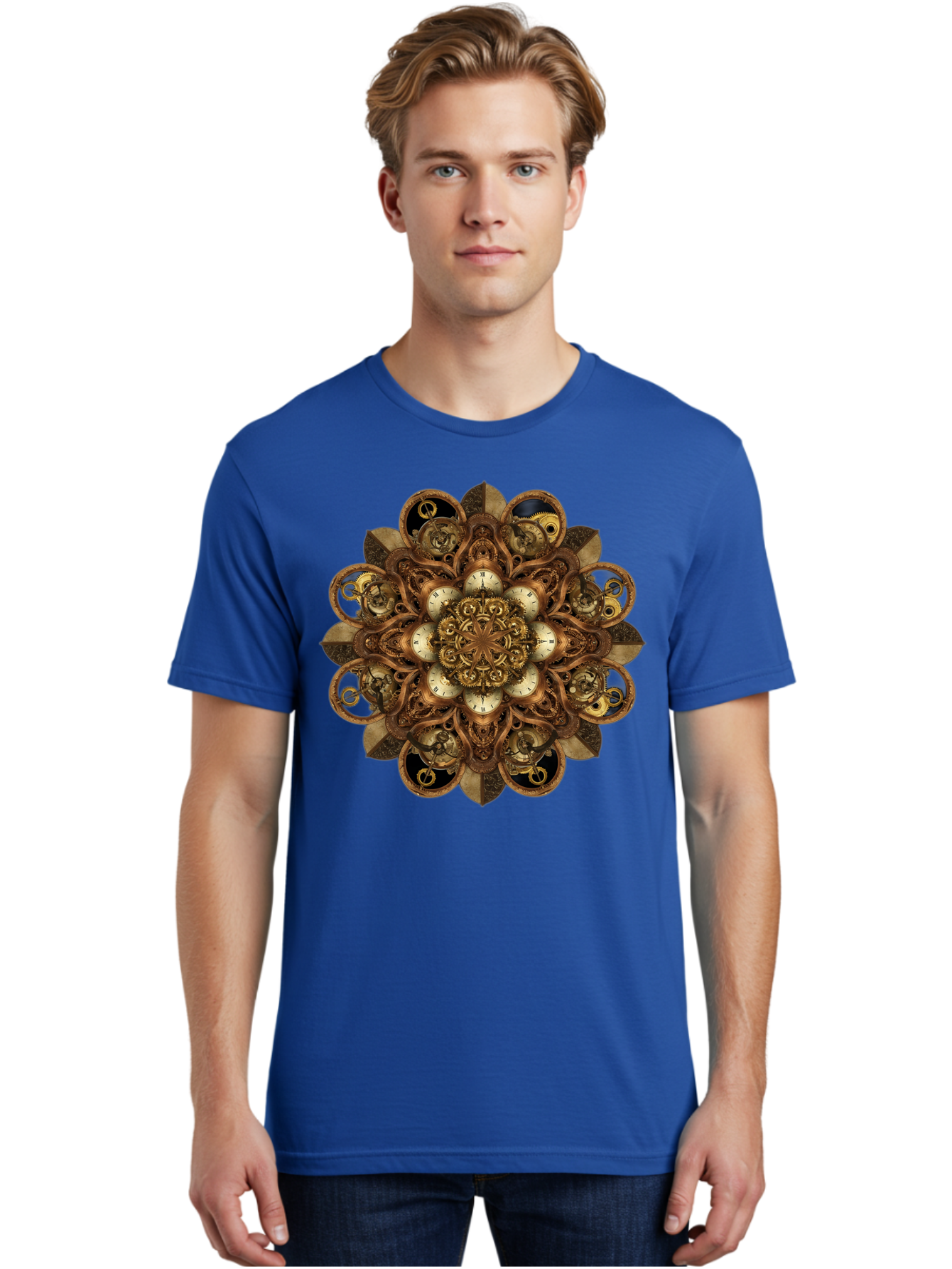 Clockwork-Mandala Men'S Graphic Tee, 100% Cotton, Comfortable Casual Summer Wear, Machine Washable, Steampunk Clock Mandala, Intricate Clockwork Design, Antique Clockwork Mechanism, Ornate Patterns, Vintage Gears, Complex Artwork, Surreal Art, Bac866