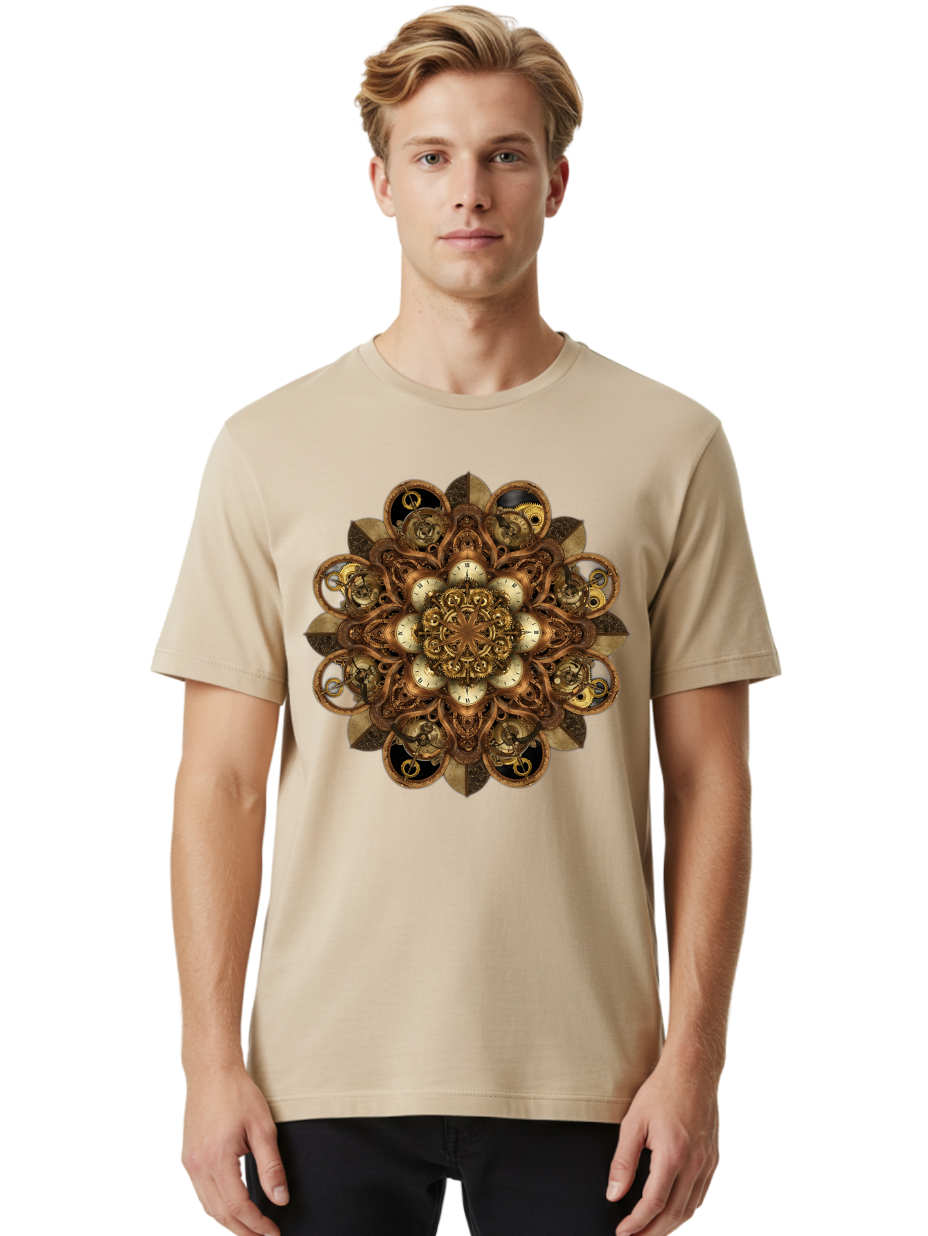 Clockwork-Mandala Men'S Graphic Tee, 100% Cotton, Comfortable Casual Summer Wear, Machine Washable, Steampunk Clock Mandala, Intricate Clockwork Design, Antique Clockwork Mechanism, Ornate Patterns, Vintage Gears, Complex Artwork, Surreal Art, Bac866