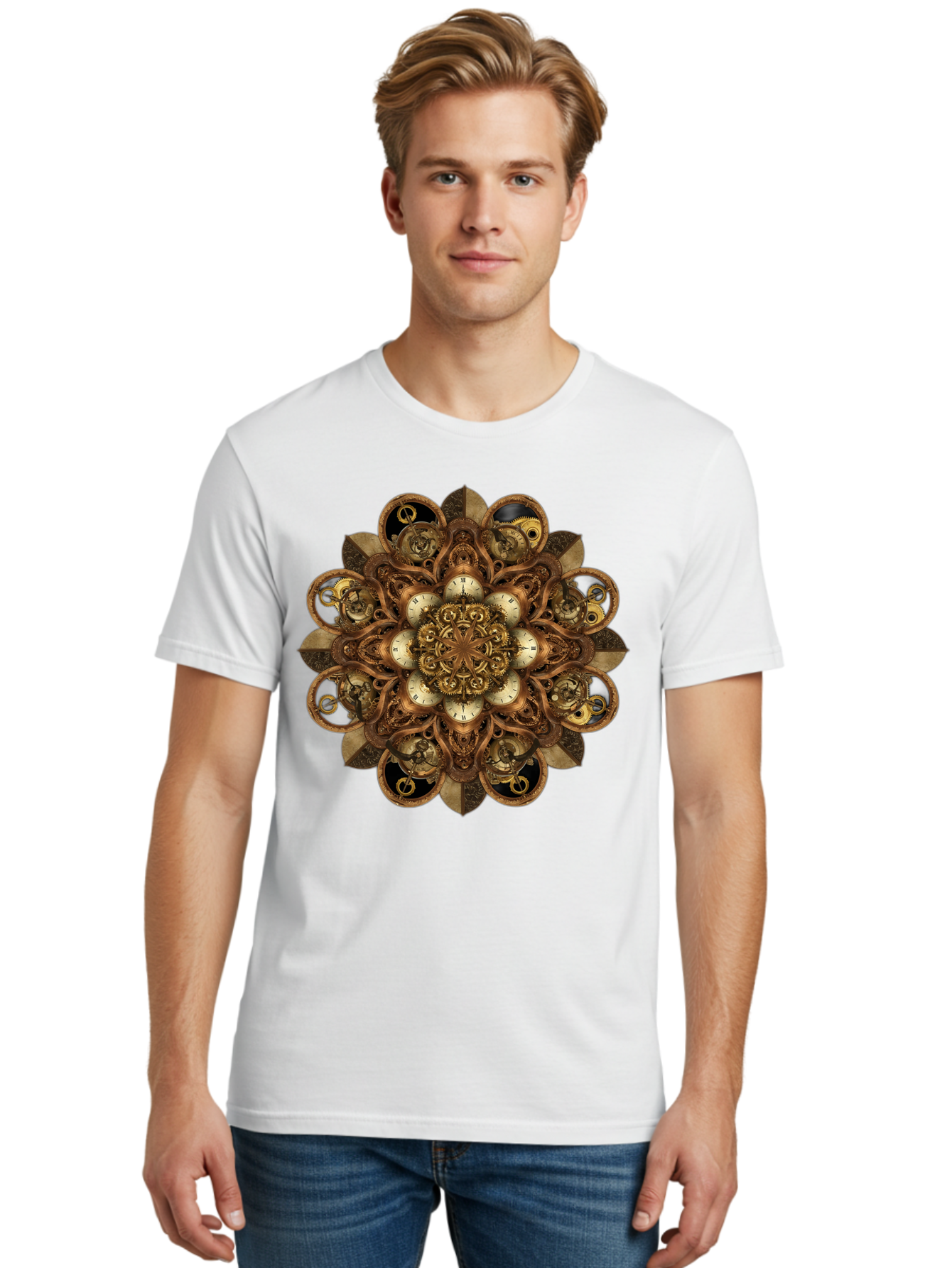 Clockwork-Mandala Men'S Graphic Tee, 100% Cotton, Comfortable Casual Summer Wear, Machine Washable, Steampunk Clock Mandala, Intricate Clockwork Design, Antique Clockwork Mechanism, Ornate Patterns, Vintage Gears, Complex Artwork, Surreal Art, Bac866