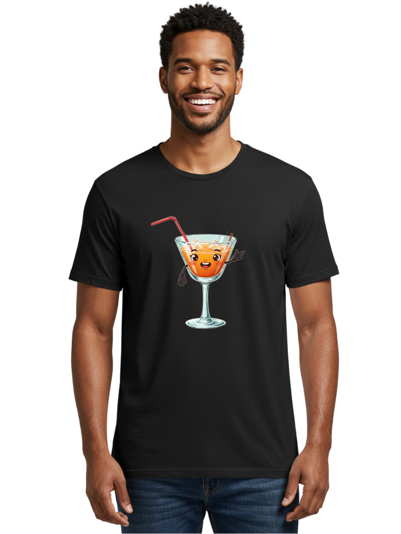 Cocktail-Glass-2 Men'S Graphic Tee, 100% Cotton, Comfortable Casual Summer Wear, Machine Washable, Cartoon Cocktail Glass, Orange Drink, Red Straw, Ice Cubes, Smiling Face, Playful Character, Anthropomorphic Drink, Funny Illustration, Bac868