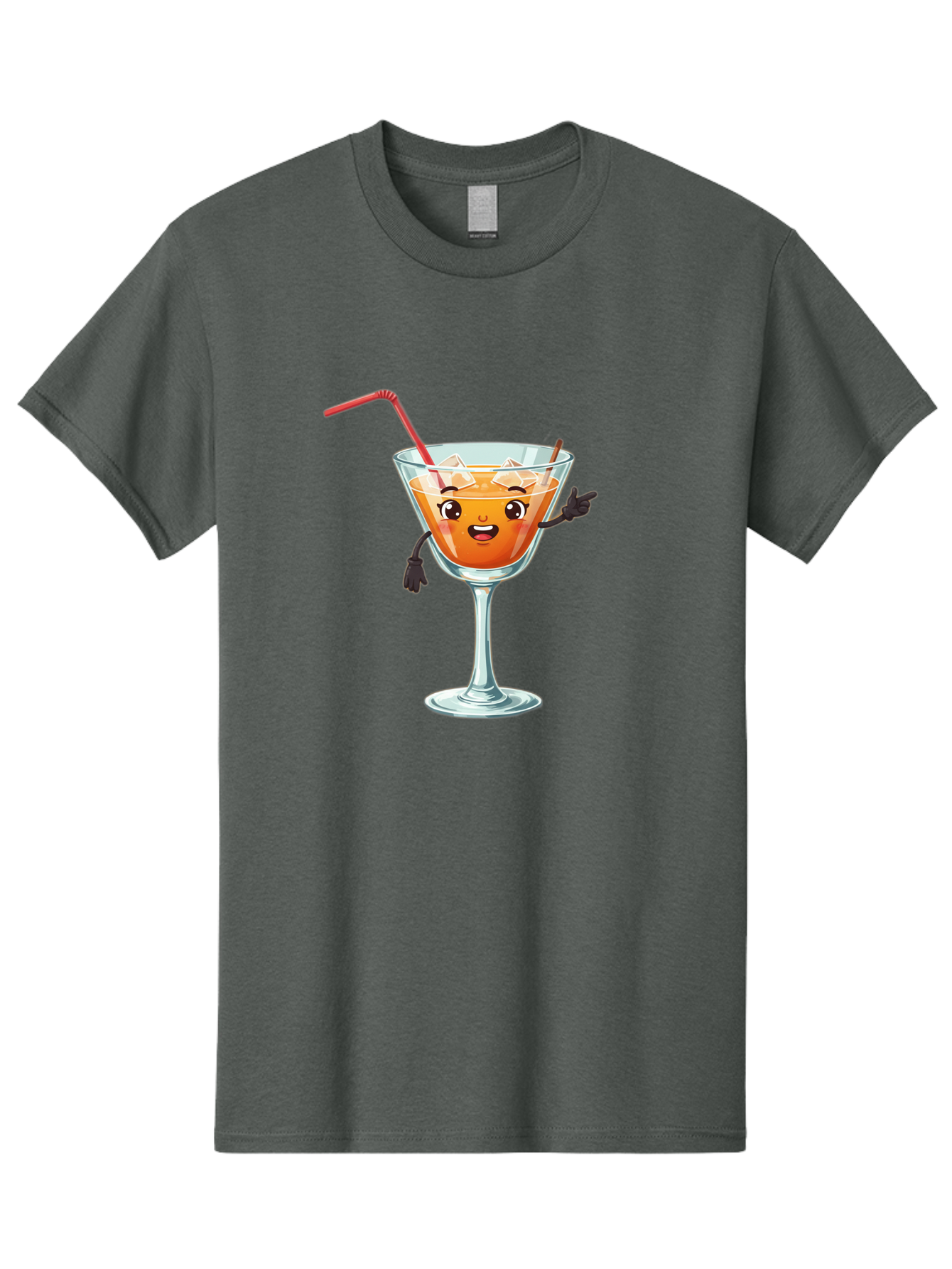Cocktail-Glass-2 Men'S Graphic Tee, 100% Cotton, Comfortable Casual Summer Wear, Machine Washable, Cartoon Cocktail Glass, Orange Drink, Red Straw, Ice Cubes, Smiling Face, Playful Character, Anthropomorphic Drink, Funny Illustration, Bac868