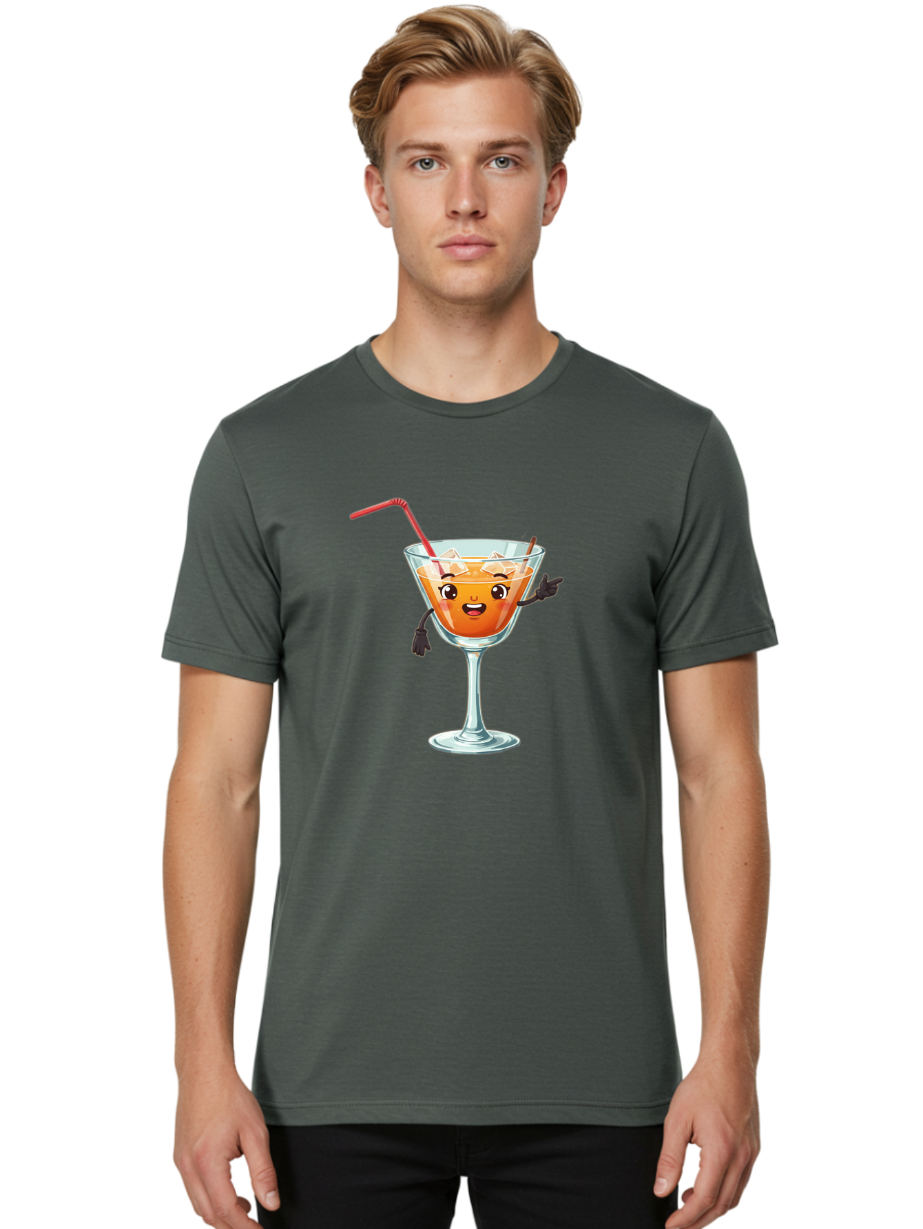 Cocktail-Glass-2 Men'S Graphic Tee, 100% Cotton, Comfortable Casual Summer Wear, Machine Washable, Cartoon Cocktail Glass, Orange Drink, Red Straw, Ice Cubes, Smiling Face, Playful Character, Anthropomorphic Drink, Funny Illustration, Bac868