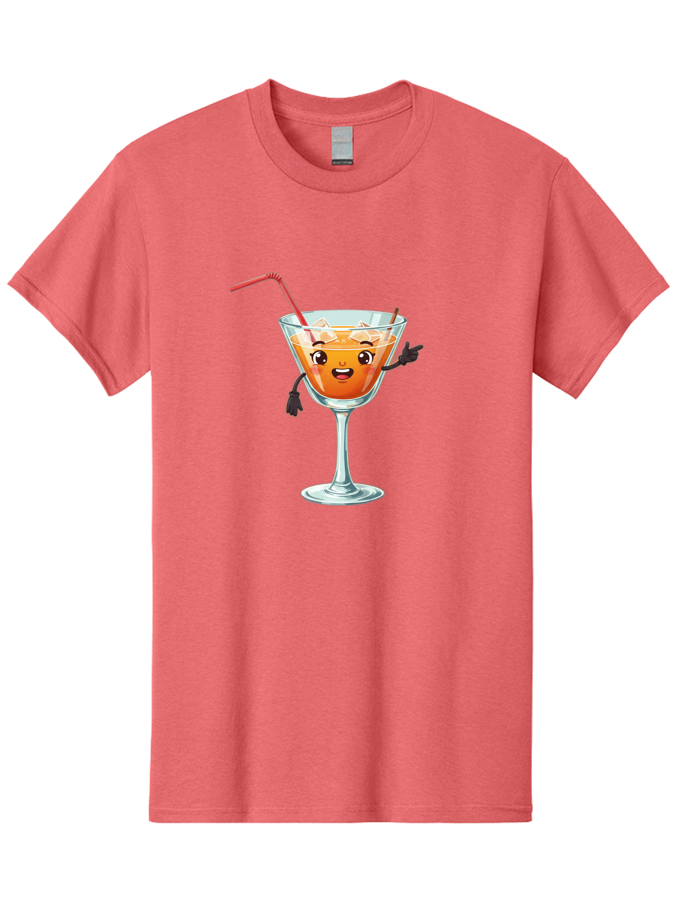 Cocktail-Glass-2 Men'S Graphic Tee, 100% Cotton, Comfortable Casual Summer Wear, Machine Washable, Cartoon Cocktail Glass, Orange Drink, Red Straw, Ice Cubes, Smiling Face, Playful Character, Anthropomorphic Drink, Funny Illustration, Bac868