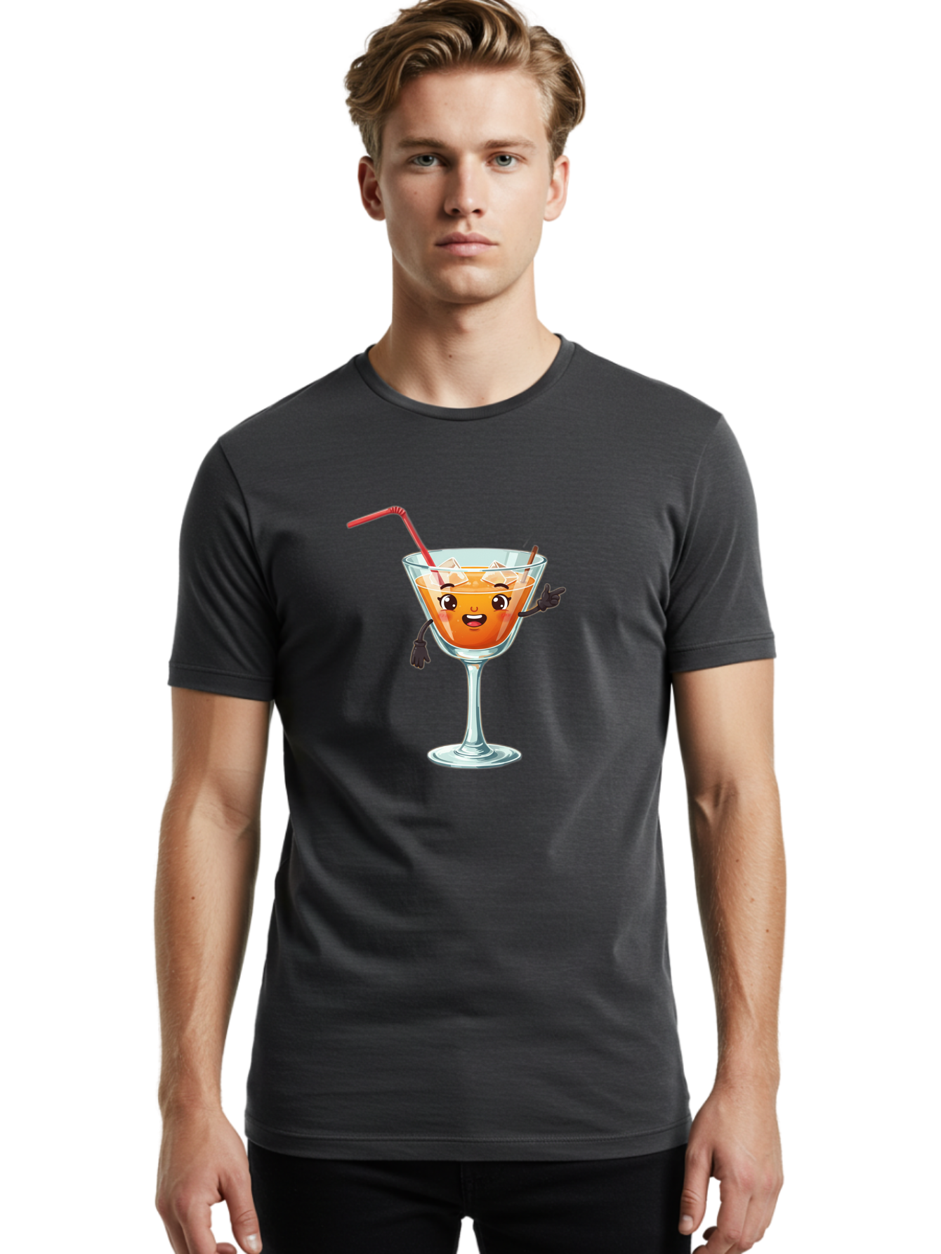 Cocktail-Glass-2 Men'S Graphic Tee, 100% Cotton, Comfortable Casual Summer Wear, Machine Washable, Cartoon Cocktail Glass, Orange Drink, Red Straw, Ice Cubes, Smiling Face, Playful Character, Anthropomorphic Drink, Funny Illustration, Bac868