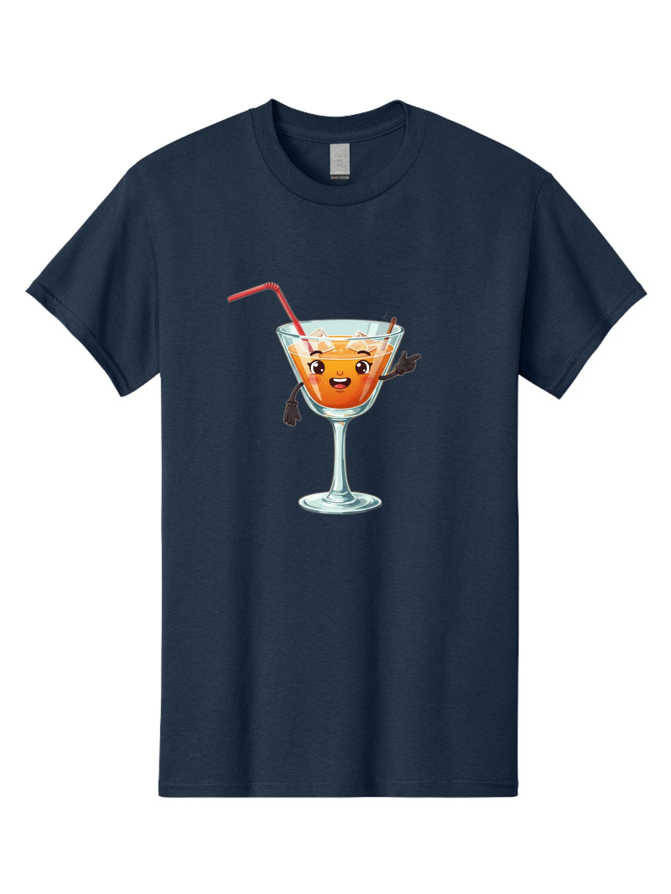 Cocktail-Glass-2 Men'S Graphic Tee, 100% Cotton, Comfortable Casual Summer Wear, Machine Washable, Cartoon Cocktail Glass, Orange Drink, Red Straw, Ice Cubes, Smiling Face, Playful Character, Anthropomorphic Drink, Funny Illustration, Bac868
