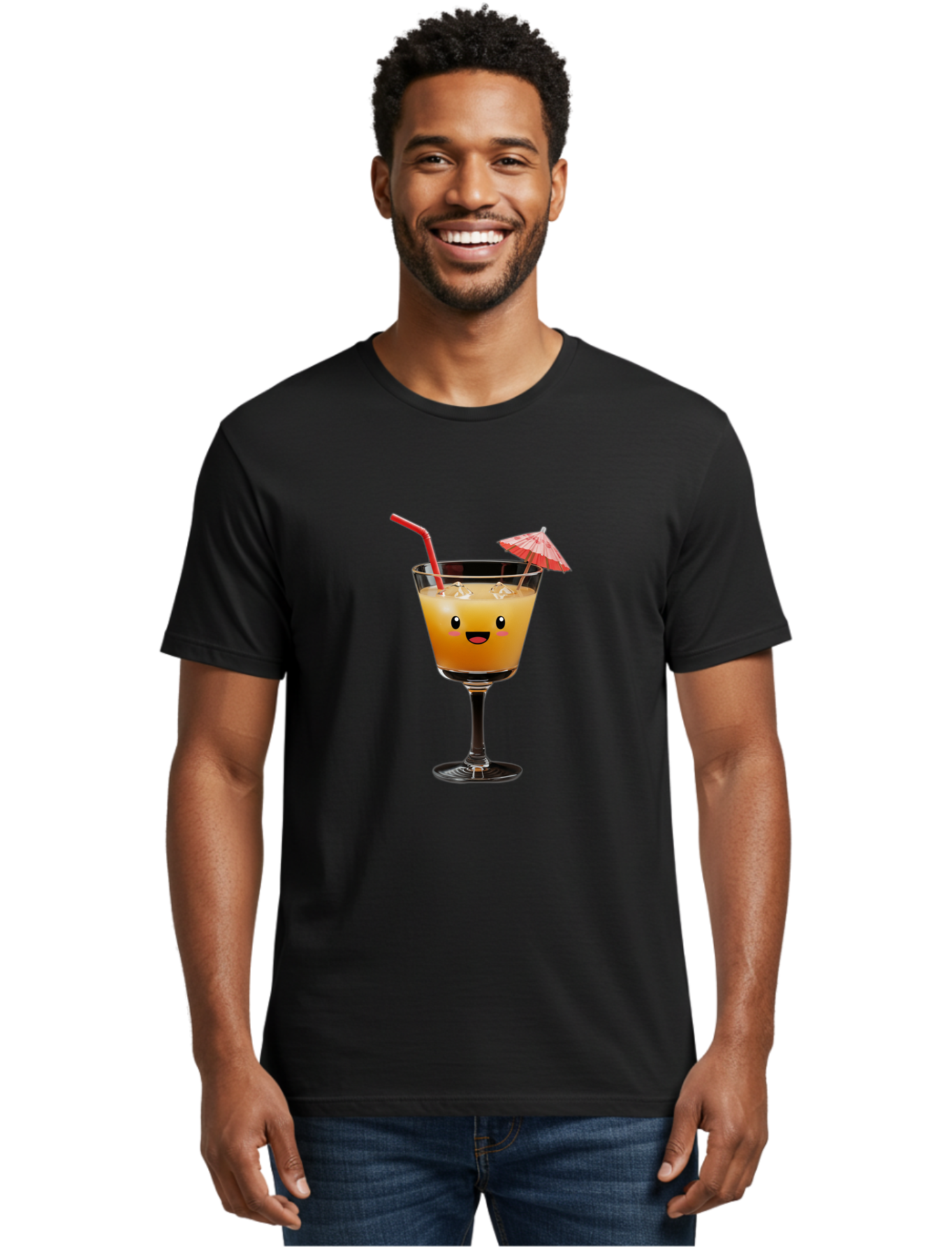 Cocktail-Glass-3 Men'S Graphic Tee, 100% Cotton, Comfortable Casual Summer Wear, Machine Washable, Cocktail Glass, Smiling Face, Orange Drink, Red Straw, Red Umbrella, Funny Character, Cartoon Style, Refreshing Beverage, Summer Drink Bac869