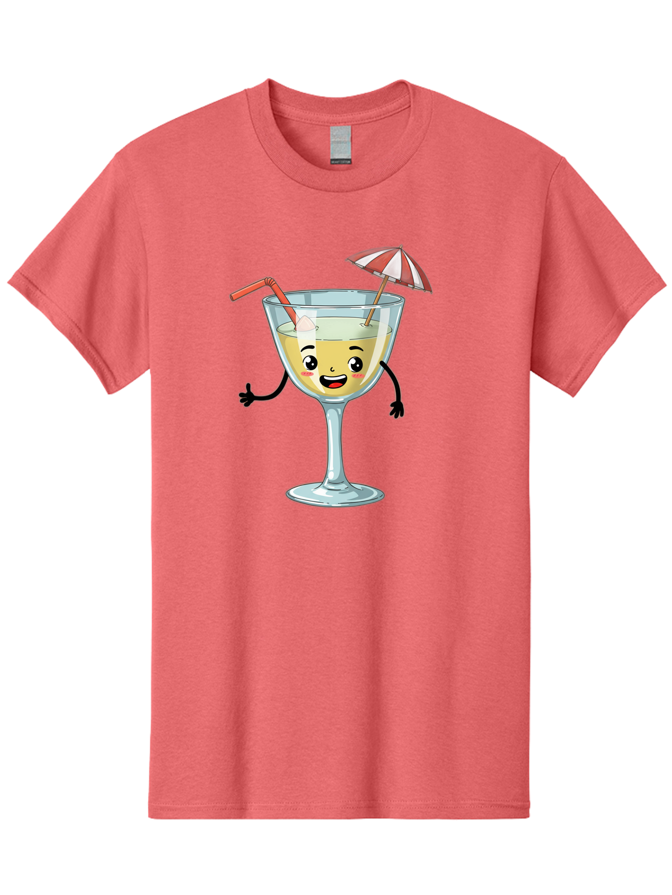 Cocktail-Glass-Character Men'S Graphic Tee, 100% Cotton, Comfortable Casual Summer Wear, Machine Washable, Cartoon Cocktail Glass, Happy Face, Yellow Drink, Cocktail Umbrella, Straw, Summer Vibe, Fun, Refreshing Drink, Party Theme Bac871
