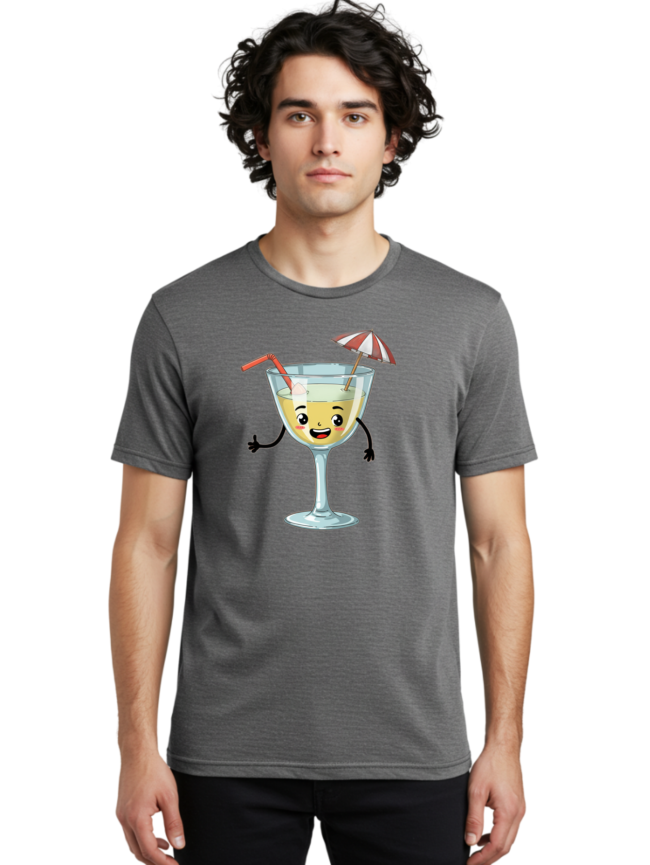 Cocktail-Glass-Character Men'S Graphic Tee, 100% Cotton, Comfortable Casual Summer Wear, Machine Washable, Cartoon Cocktail Glass, Happy Face, Yellow Drink, Cocktail Umbrella, Straw, Summer Vibe, Fun, Refreshing Drink, Party Theme Bac871