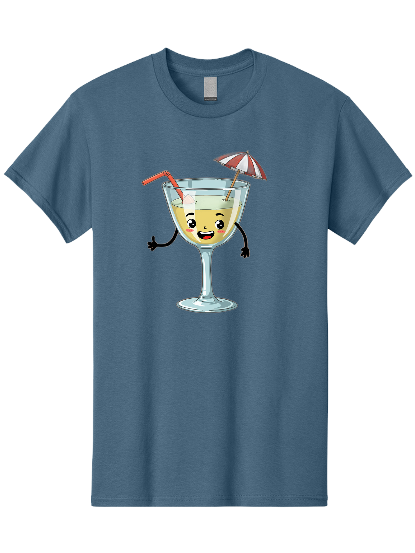 Cocktail-Glass-Character Men'S Graphic Tee, 100% Cotton, Comfortable Casual Summer Wear, Machine Washable, Cartoon Cocktail Glass, Happy Face, Yellow Drink, Cocktail Umbrella, Straw, Summer Vibe, Fun, Refreshing Drink, Party Theme Bac871