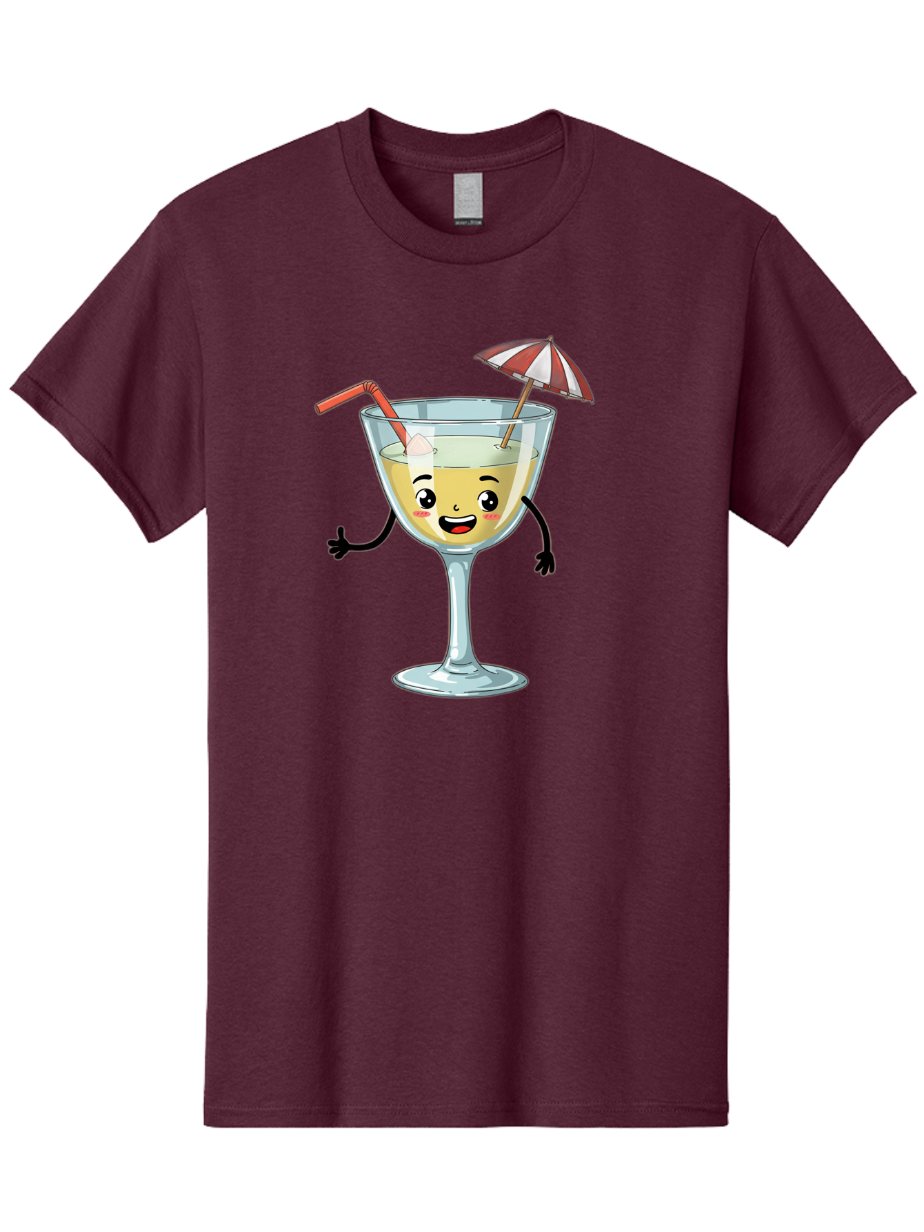 Cocktail-Glass-Character Men'S Graphic Tee, 100% Cotton, Comfortable Casual Summer Wear, Machine Washable, Cartoon Cocktail Glass, Happy Face, Yellow Drink, Cocktail Umbrella, Straw, Summer Vibe, Fun, Refreshing Drink, Party Theme Bac871