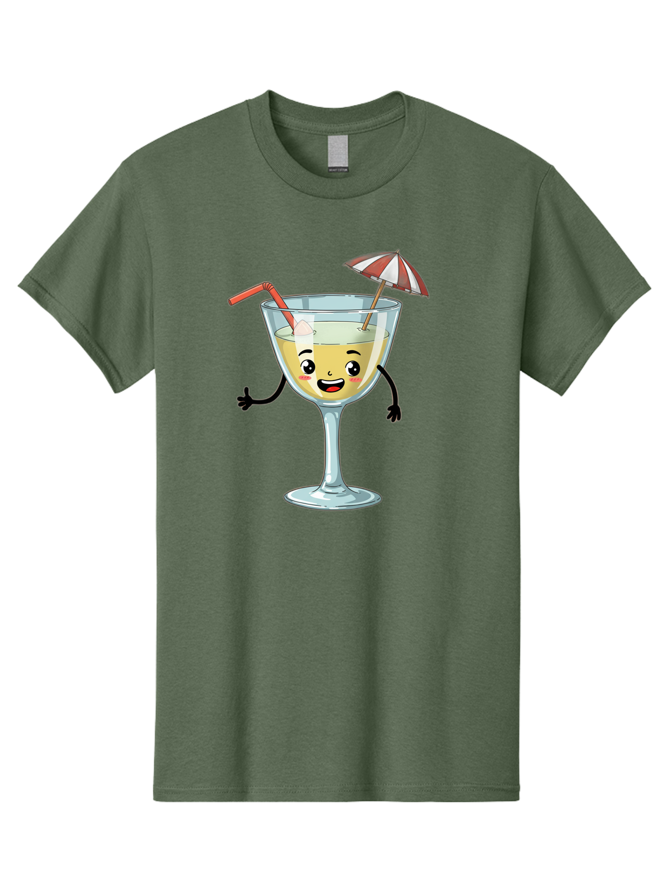 Cocktail-Glass-Character Men'S Graphic Tee, 100% Cotton, Comfortable Casual Summer Wear, Machine Washable, Cartoon Cocktail Glass, Happy Face, Yellow Drink, Cocktail Umbrella, Straw, Summer Vibe, Fun, Refreshing Drink, Party Theme Bac871