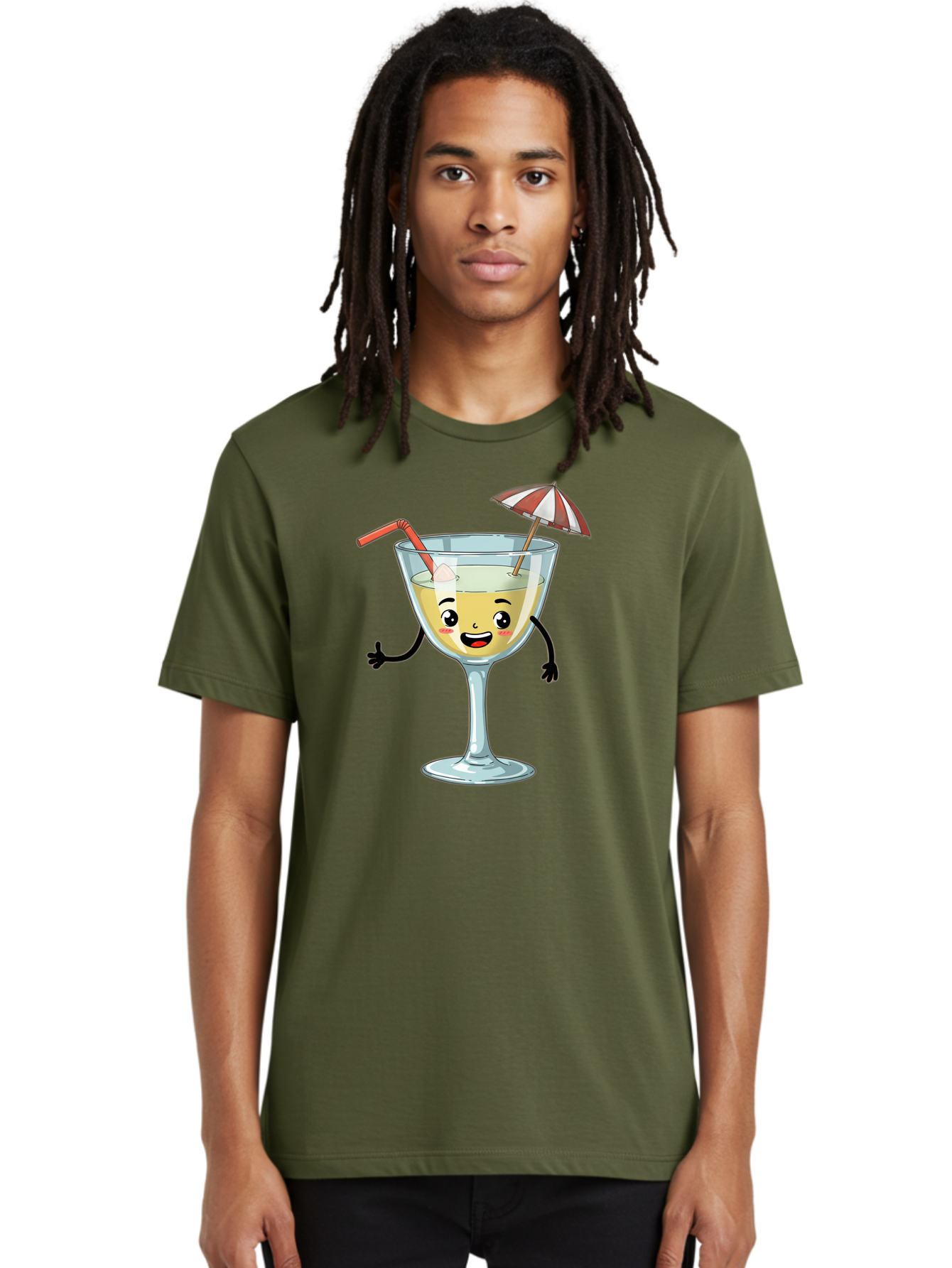 Cocktail-Glass-Character Men'S Graphic Tee, 100% Cotton, Comfortable Casual Summer Wear, Machine Washable, Cartoon Cocktail Glass, Happy Face, Yellow Drink, Cocktail Umbrella, Straw, Summer Vibe, Fun, Refreshing Drink, Party Theme Bac871