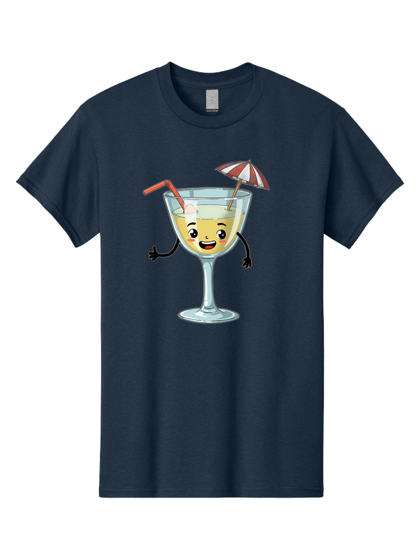 Cocktail-Glass-Character Men'S Graphic Tee, 100% Cotton, Comfortable Casual Summer Wear, Machine Washable, Cartoon Cocktail Glass, Happy Face, Yellow Drink, Cocktail Umbrella, Straw, Summer Vibe, Fun, Refreshing Drink, Party Theme Bac871