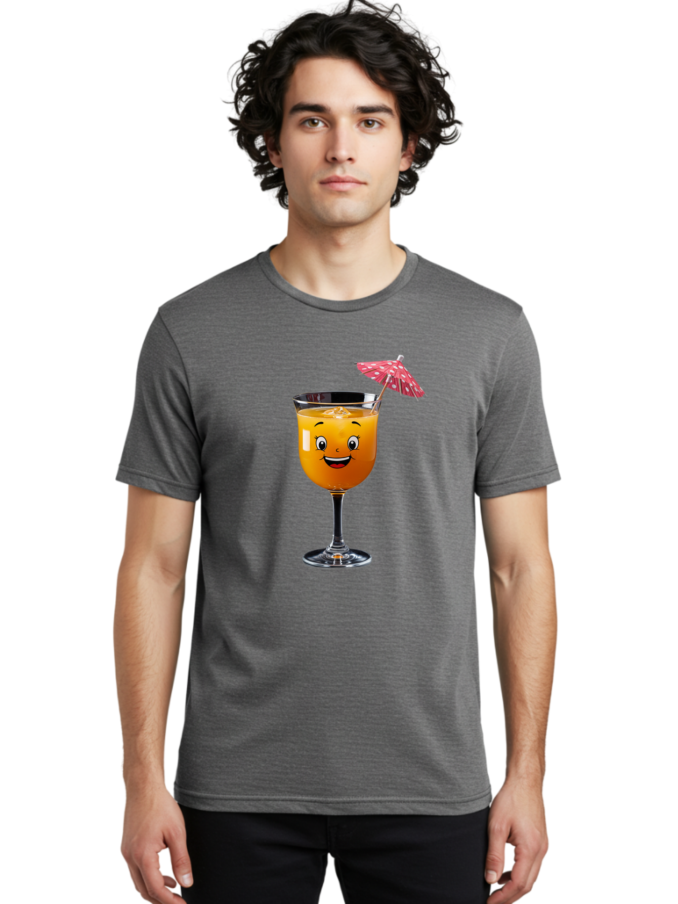 Cocktail-Glass Men'S Graphic Tee, 100% Cotton, Comfortable Casual Summer Wear, Machine Washable, Smiling Cocktail, Orange Drink, Cartoon Character, Summer Vibes, Refreshing Beverage, Cocktail Umbrella, Happy Face, Glassware, Party Atmosphere Bac872
