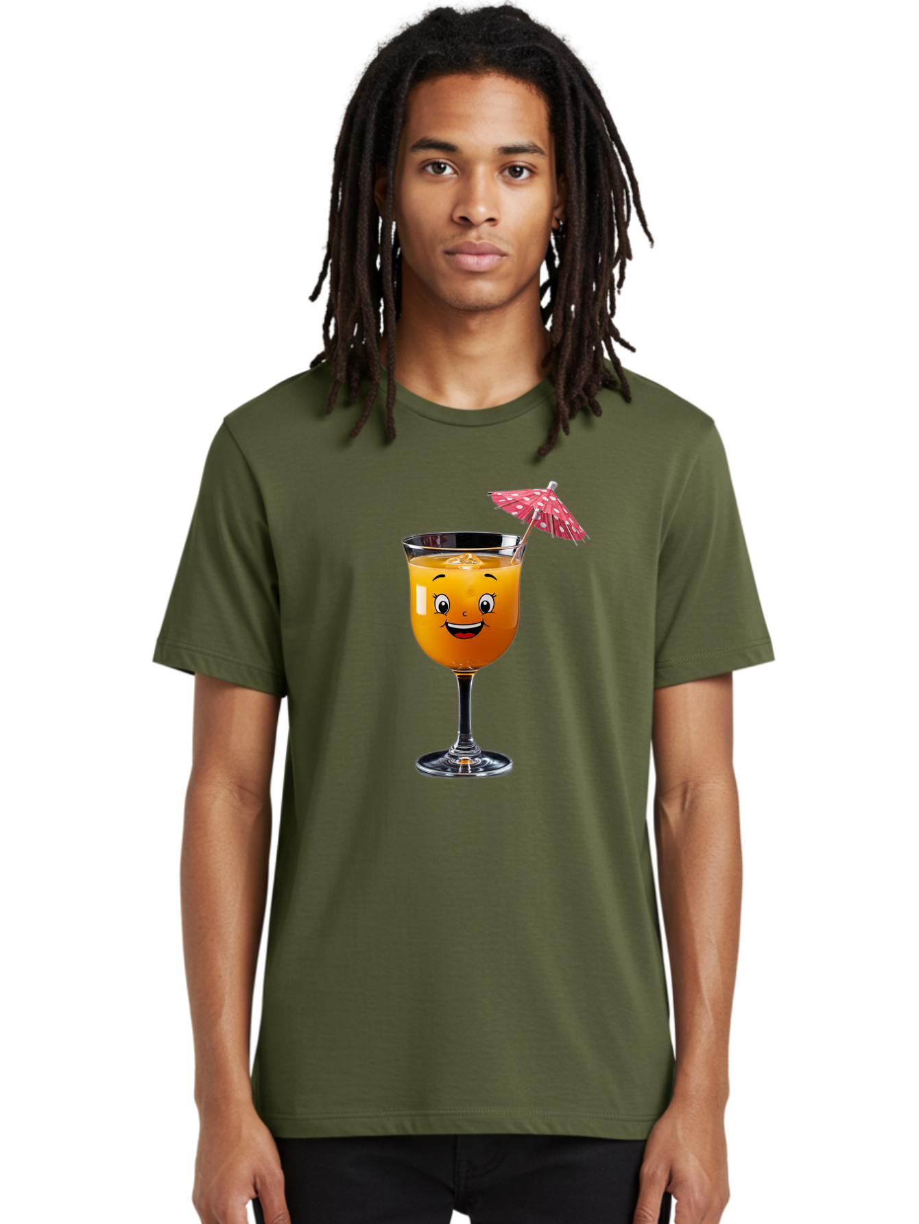 Cocktail-Glass Men'S Graphic Tee, 100% Cotton, Comfortable Casual Summer Wear, Machine Washable, Smiling Cocktail, Orange Drink, Cartoon Character, Summer Vibes, Refreshing Beverage, Cocktail Umbrella, Happy Face, Glassware, Party Atmosphere Bac872
