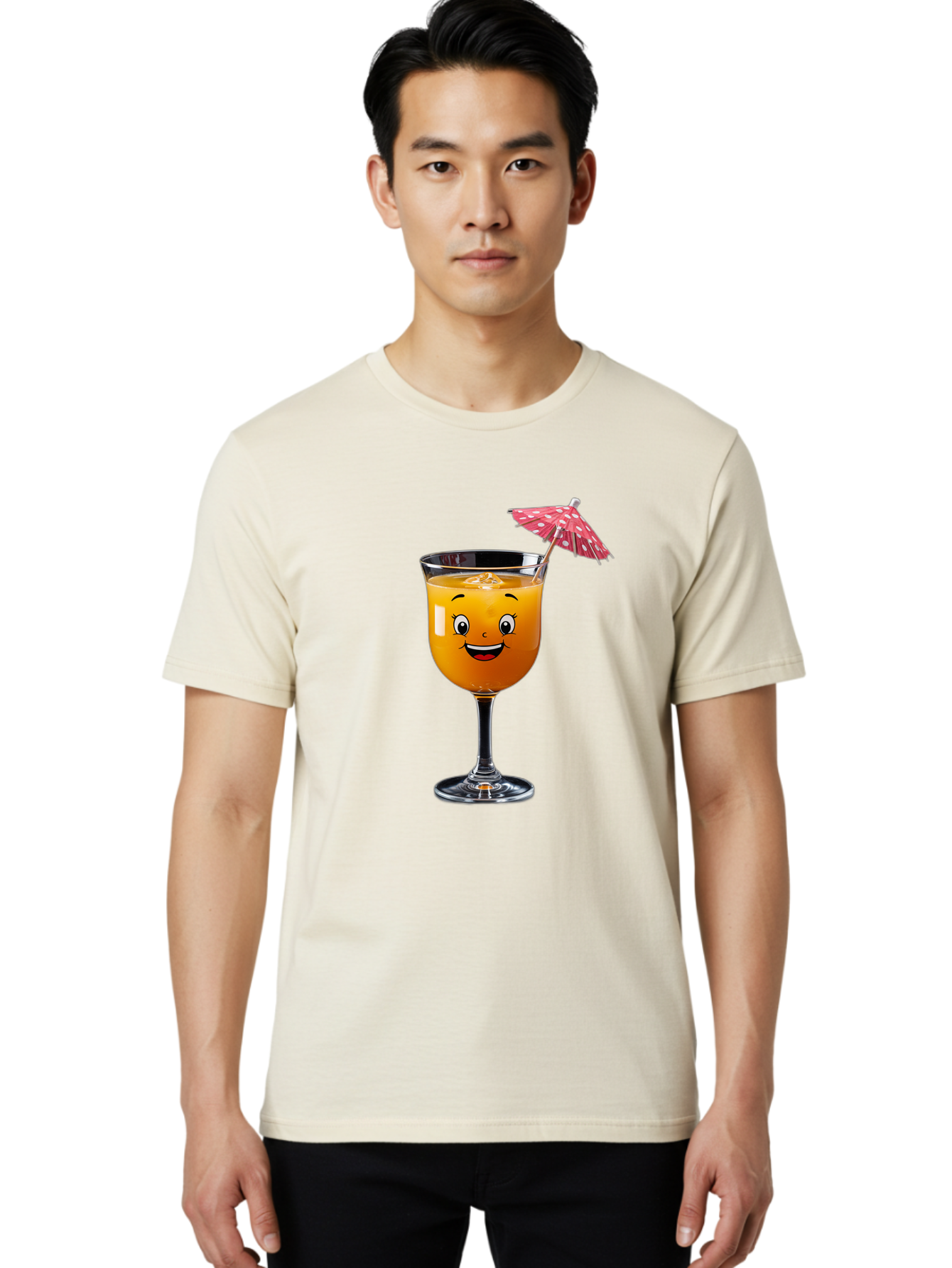 Cocktail-Glass Men'S Graphic Tee, 100% Cotton, Comfortable Casual Summer Wear, Machine Washable, Smiling Cocktail, Orange Drink, Cartoon Character, Summer Vibes, Refreshing Beverage, Cocktail Umbrella, Happy Face, Glassware, Party Atmosphere Bac872