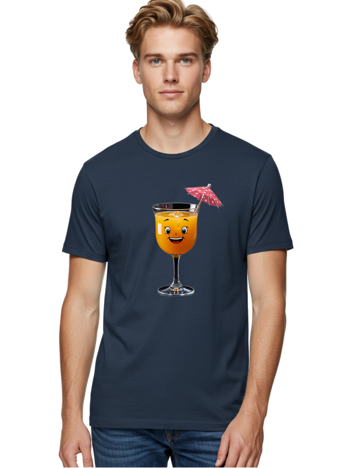 Cocktail-Glass Men'S Graphic Tee, 100% Cotton, Comfortable Casual Summer Wear, Machine Washable, Smiling Cocktail, Orange Drink, Cartoon Character, Summer Vibes, Refreshing Beverage, Cocktail Umbrella, Happy Face, Glassware, Party Atmosphere Bac872
