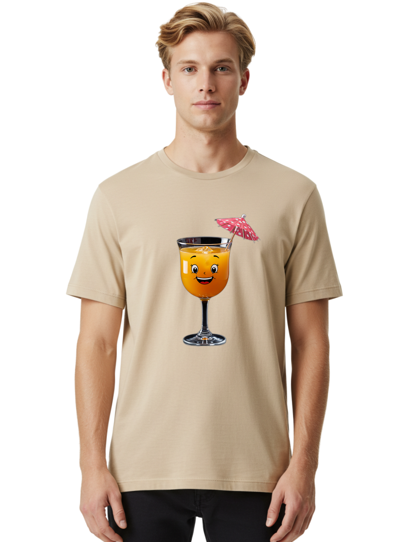 Cocktail-Glass Men'S Graphic Tee, 100% Cotton, Comfortable Casual Summer Wear, Machine Washable, Smiling Cocktail, Orange Drink, Cartoon Character, Summer Vibes, Refreshing Beverage, Cocktail Umbrella, Happy Face, Glassware, Party Atmosphere Bac872