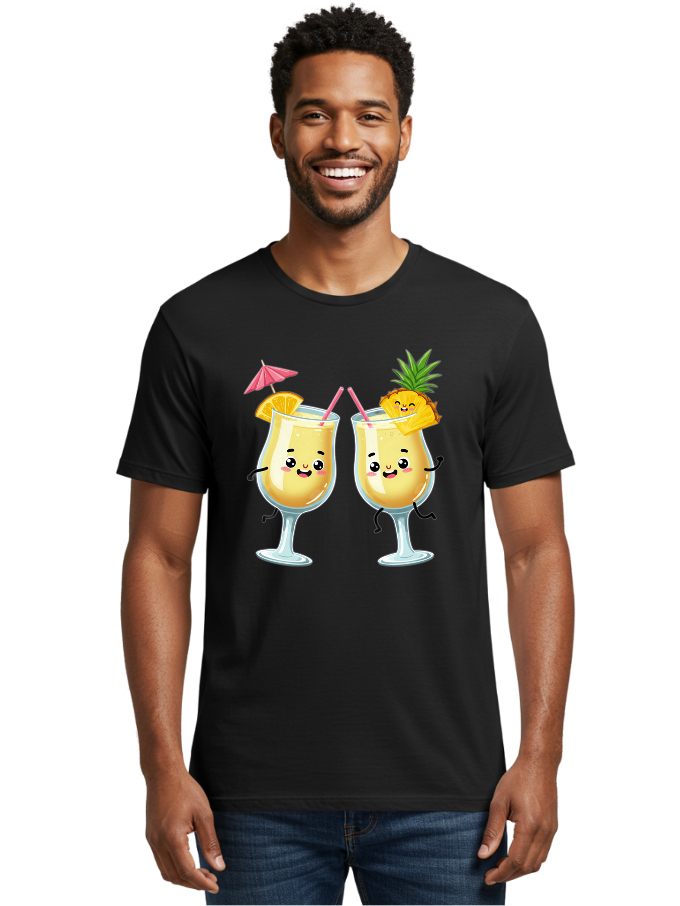 Cocktail-Glasses Men'S Graphic Tee, 100% Cotton, Comfortable Casual Summer Wear, Machine Washable, Cartoon Cocktail Glasses, Summer Drinks, Pineapple Cocktail, Orange Slice Garnish, Pink Umbrella, Funny Drinks, Tropical Beverages, Bac873