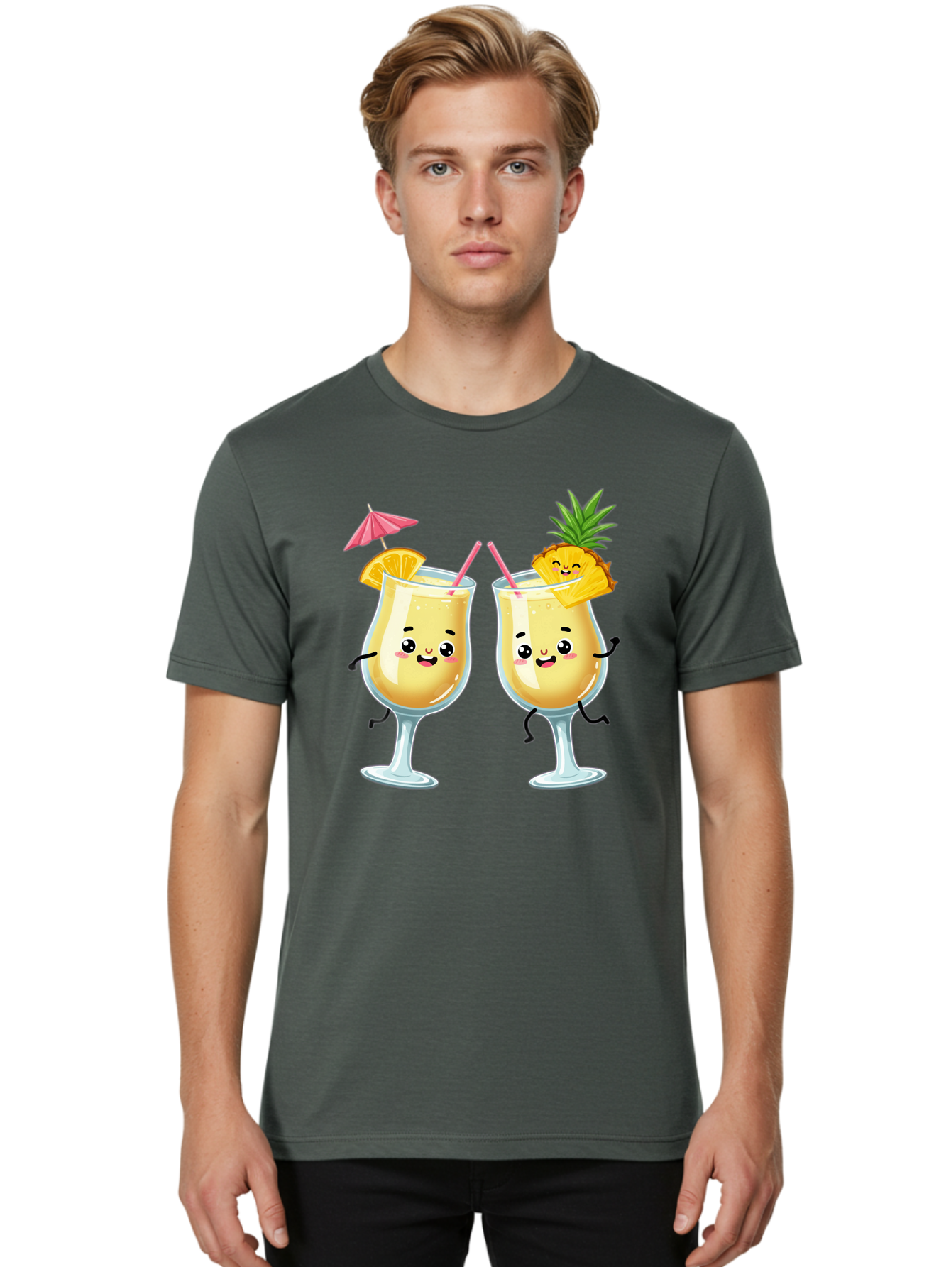 Cocktail-Glasses Men'S Graphic Tee, 100% Cotton, Comfortable Casual Summer Wear, Machine Washable, Cartoon Cocktail Glasses, Summer Drinks, Pineapple Cocktail, Orange Slice Garnish, Pink Umbrella, Funny Drinks, Tropical Beverages, Bac873
