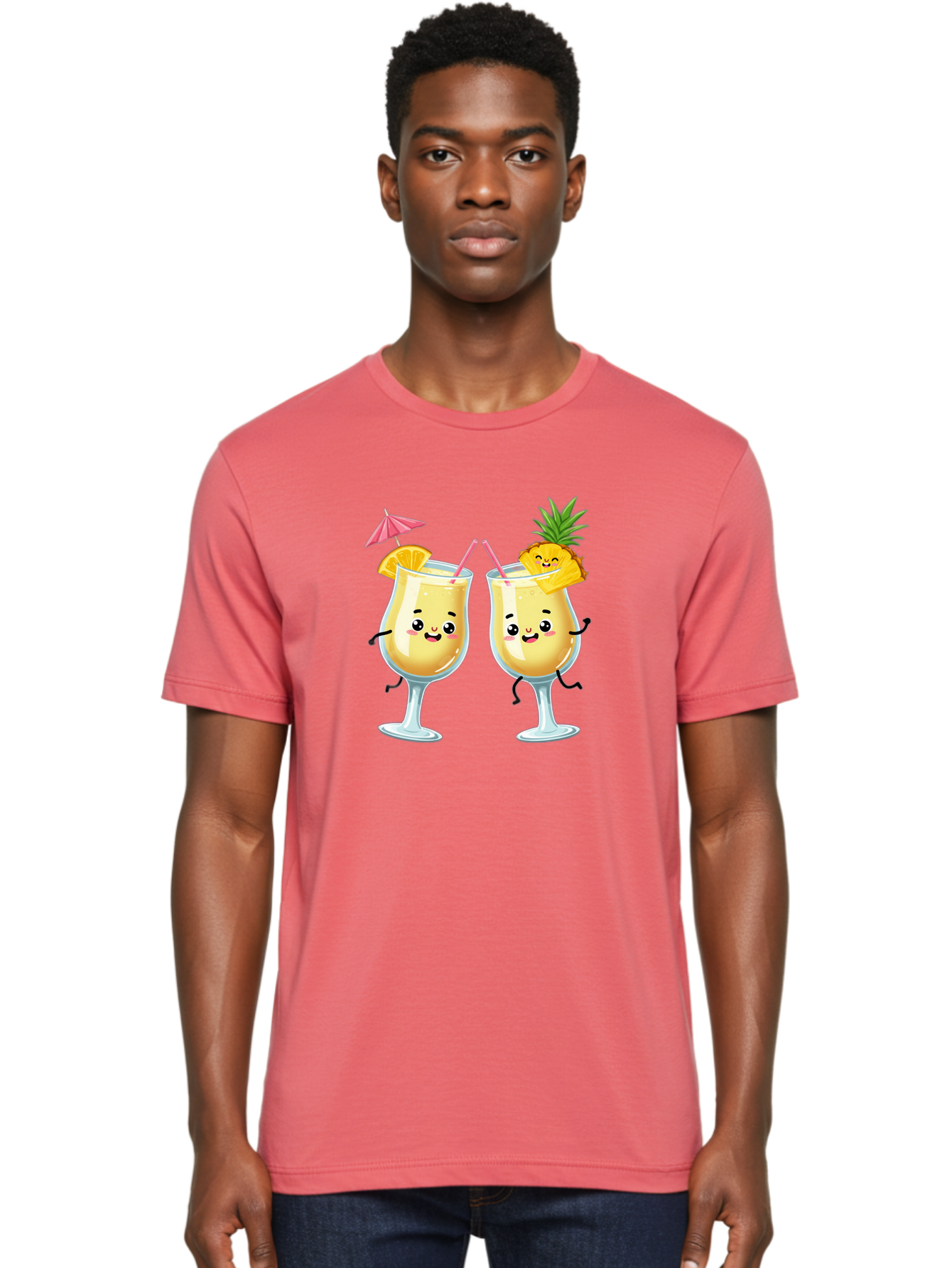 Cocktail-Glasses Men'S Graphic Tee, 100% Cotton, Comfortable Casual Summer Wear, Machine Washable, Cartoon Cocktail Glasses, Summer Drinks, Pineapple Cocktail, Orange Slice Garnish, Pink Umbrella, Funny Drinks, Tropical Beverages, Bac873