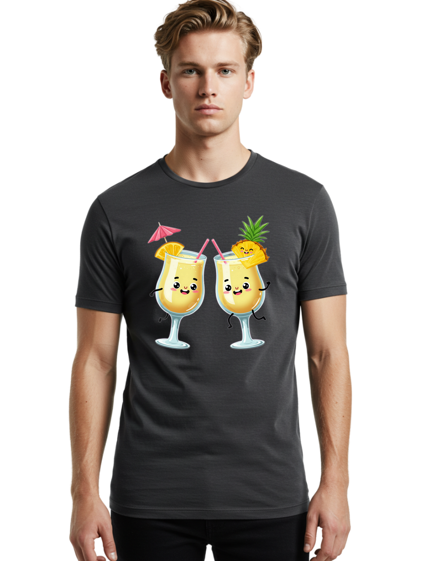 Cocktail-Glasses Men'S Graphic Tee, 100% Cotton, Comfortable Casual Summer Wear, Machine Washable, Cartoon Cocktail Glasses, Summer Drinks, Pineapple Cocktail, Orange Slice Garnish, Pink Umbrella, Funny Drinks, Tropical Beverages, Bac873