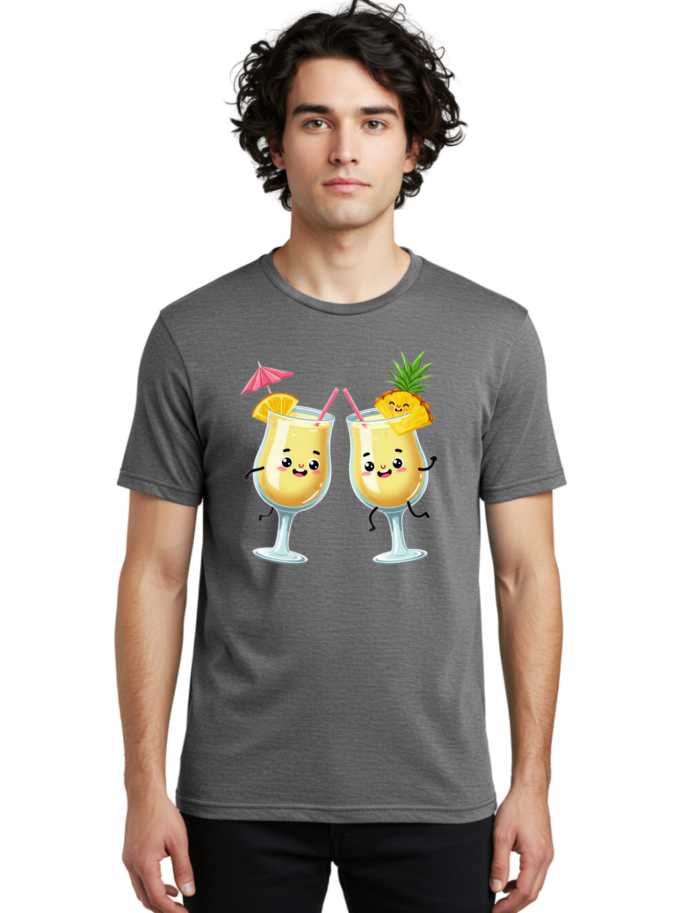 Cocktail-Glasses Men'S Graphic Tee, 100% Cotton, Comfortable Casual Summer Wear, Machine Washable, Cartoon Cocktail Glasses, Summer Drinks, Pineapple Cocktail, Orange Slice Garnish, Pink Umbrella, Funny Drinks, Tropical Beverages, Bac873