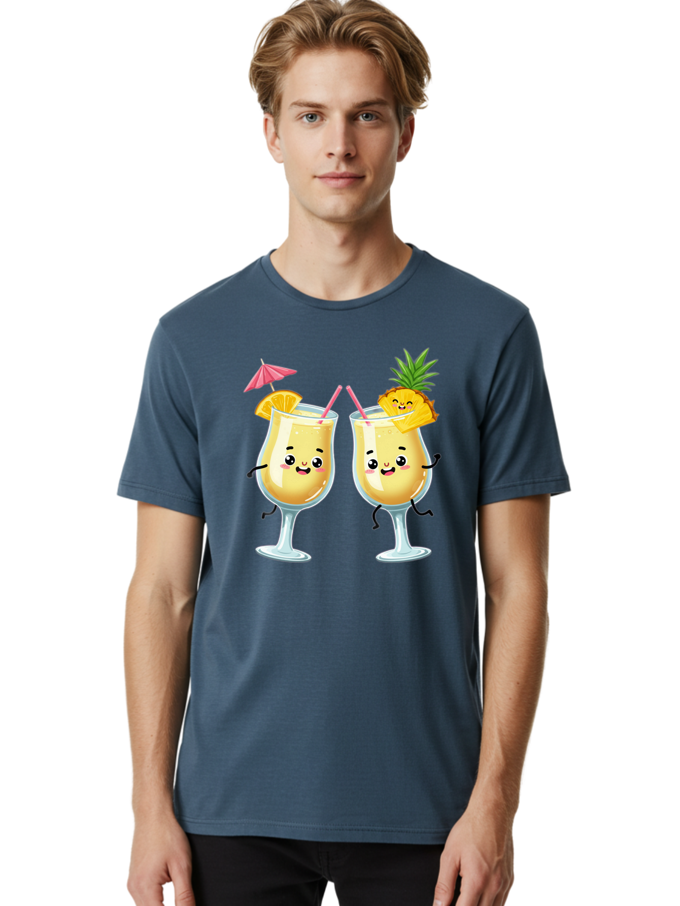 Cocktail-Glasses Men'S Graphic Tee, 100% Cotton, Comfortable Casual Summer Wear, Machine Washable, Cartoon Cocktail Glasses, Summer Drinks, Pineapple Cocktail, Orange Slice Garnish, Pink Umbrella, Funny Drinks, Tropical Beverages, Bac873