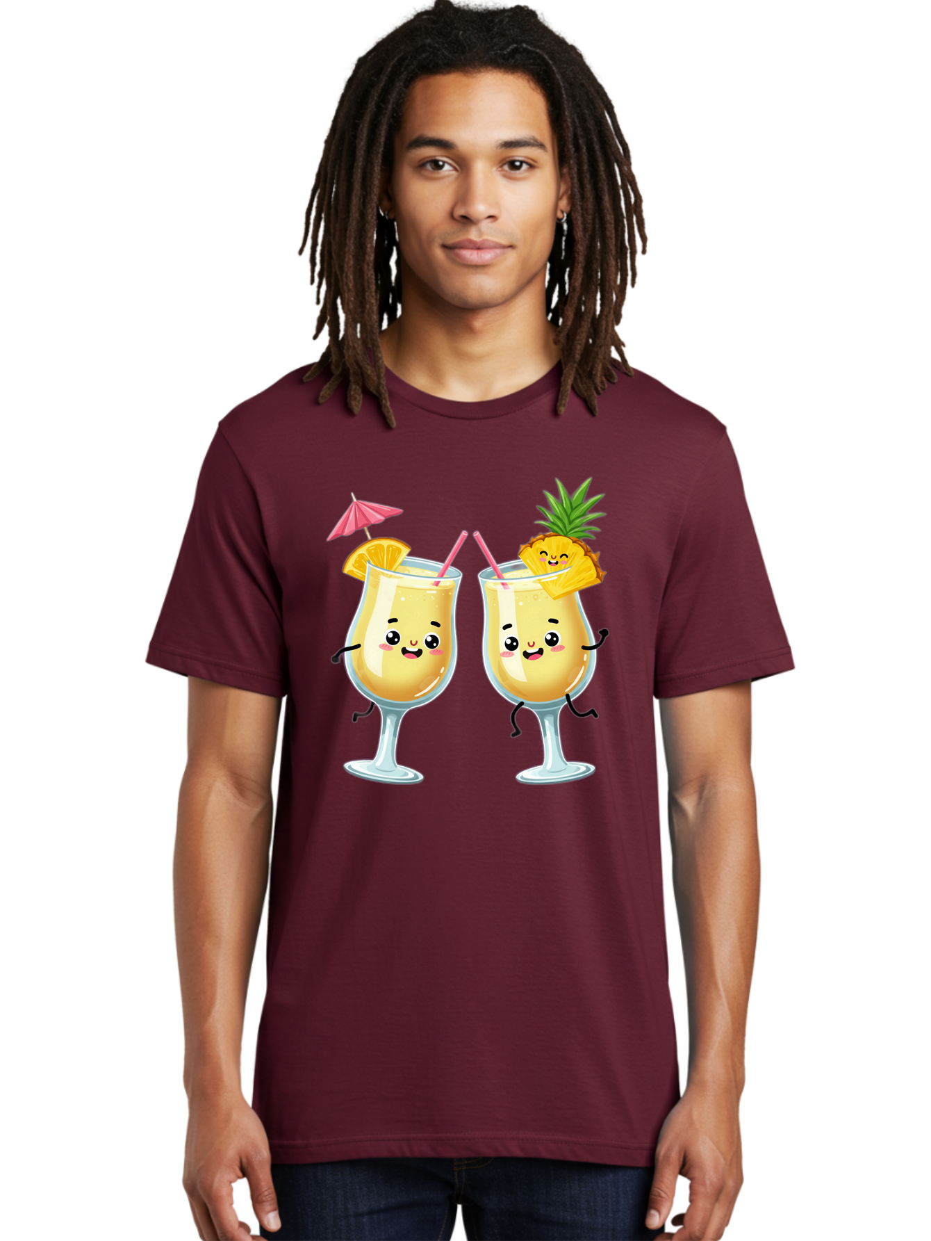Cocktail-Glasses Men'S Graphic Tee, 100% Cotton, Comfortable Casual Summer Wear, Machine Washable, Cartoon Cocktail Glasses, Summer Drinks, Pineapple Cocktail, Orange Slice Garnish, Pink Umbrella, Funny Drinks, Tropical Beverages, Bac873