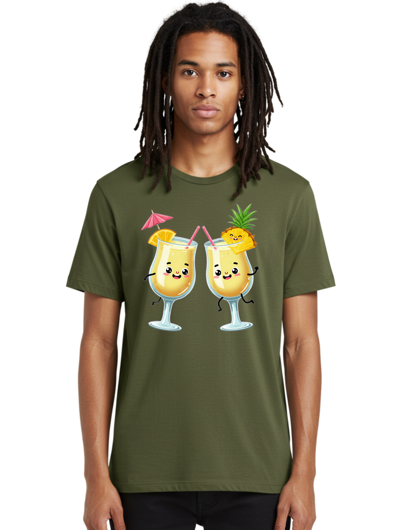 Cocktail-Glasses Men'S Graphic Tee, 100% Cotton, Comfortable Casual Summer Wear, Machine Washable, Cartoon Cocktail Glasses, Summer Drinks, Pineapple Cocktail, Orange Slice Garnish, Pink Umbrella, Funny Drinks, Tropical Beverages, Bac873