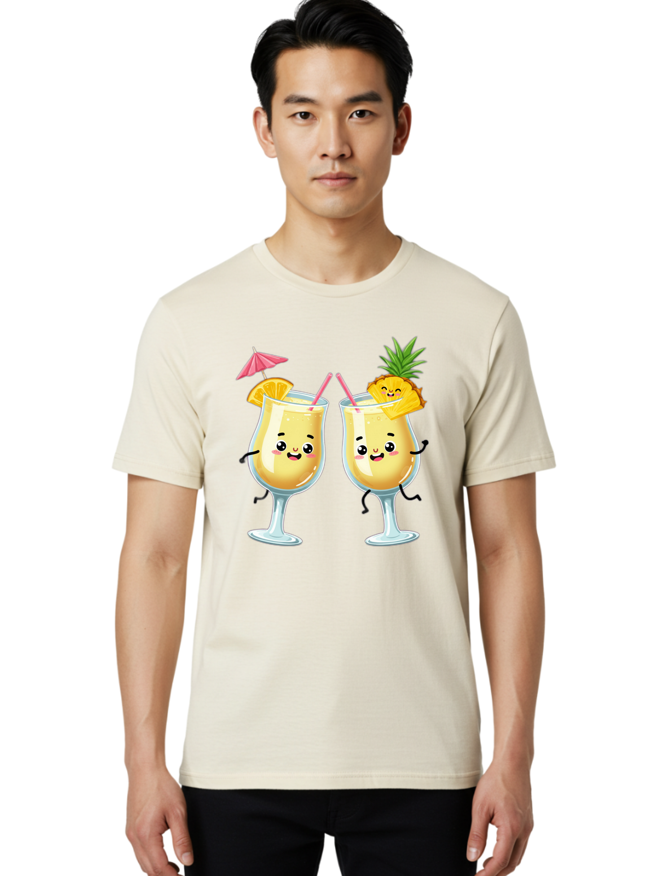 Cocktail-Glasses Men'S Graphic Tee, 100% Cotton, Comfortable Casual Summer Wear, Machine Washable, Cartoon Cocktail Glasses, Summer Drinks, Pineapple Cocktail, Orange Slice Garnish, Pink Umbrella, Funny Drinks, Tropical Beverages, Bac873