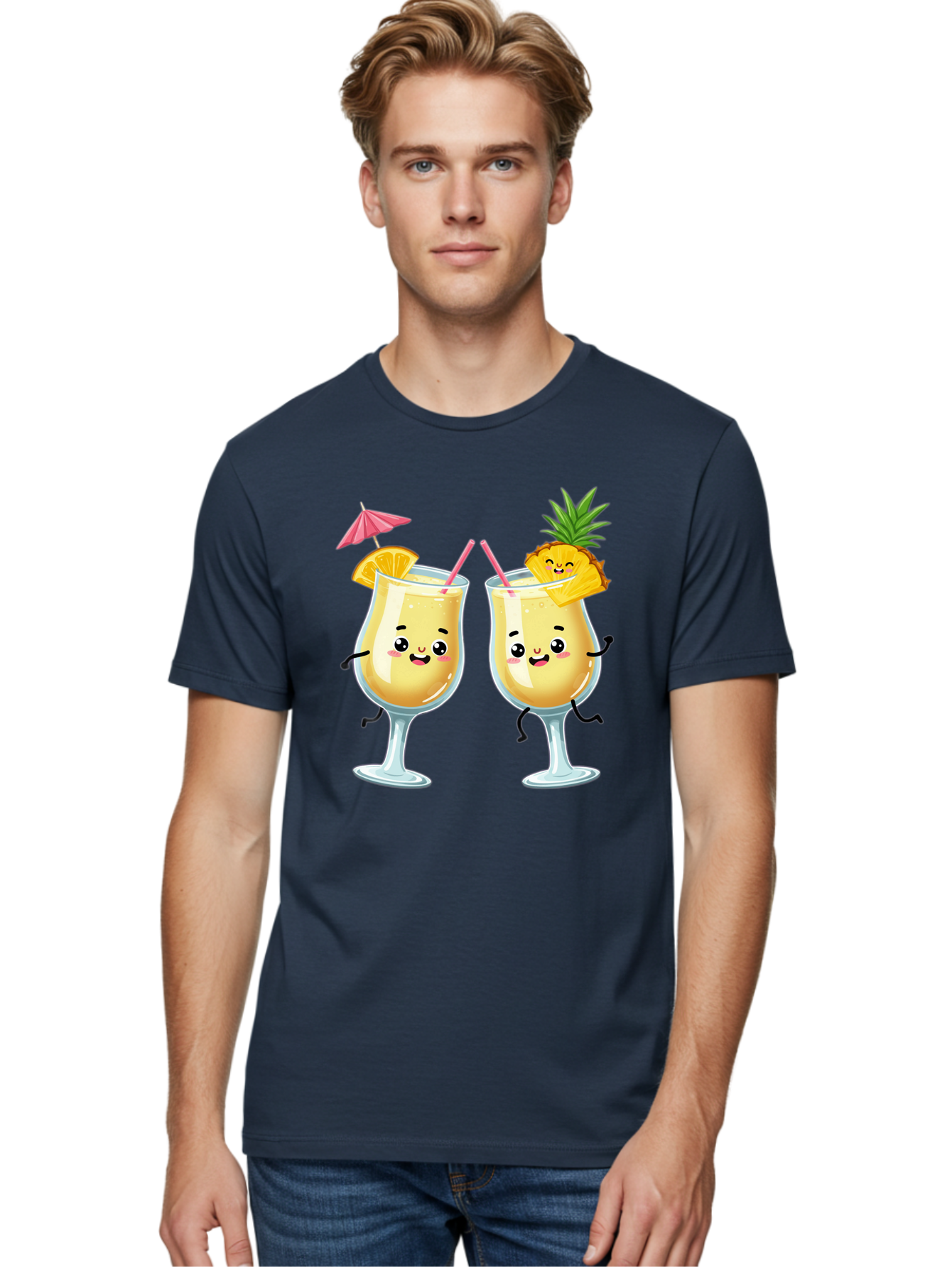 Cocktail-Glasses Men'S Graphic Tee, 100% Cotton, Comfortable Casual Summer Wear, Machine Washable, Cartoon Cocktail Glasses, Summer Drinks, Pineapple Cocktail, Orange Slice Garnish, Pink Umbrella, Funny Drinks, Tropical Beverages, Bac873